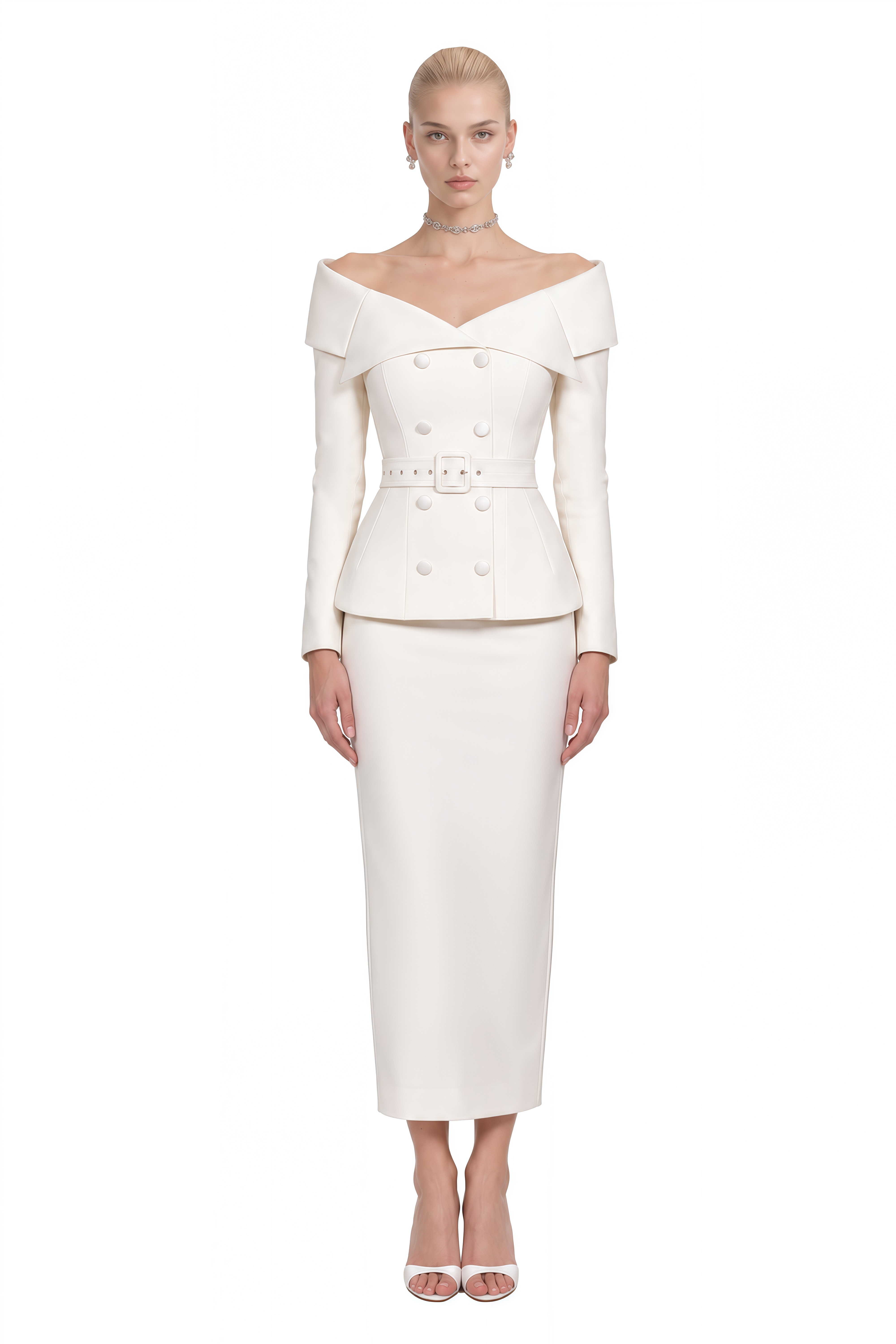 Beatrice White Off Shoulder Belted Top & Skirt Set