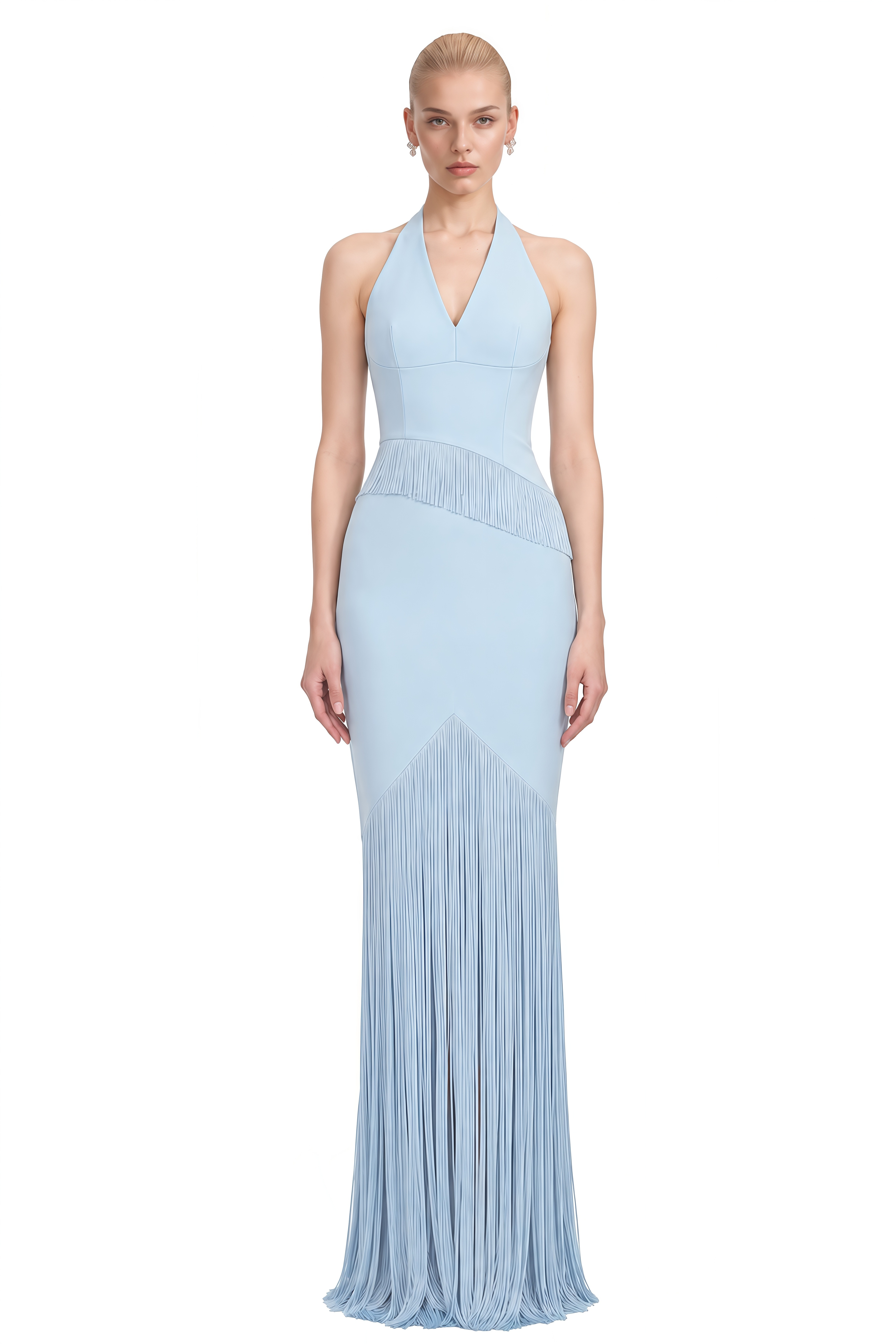 Mireille Light Blue Halterneck Fringe-Hem Top & Skirt Set