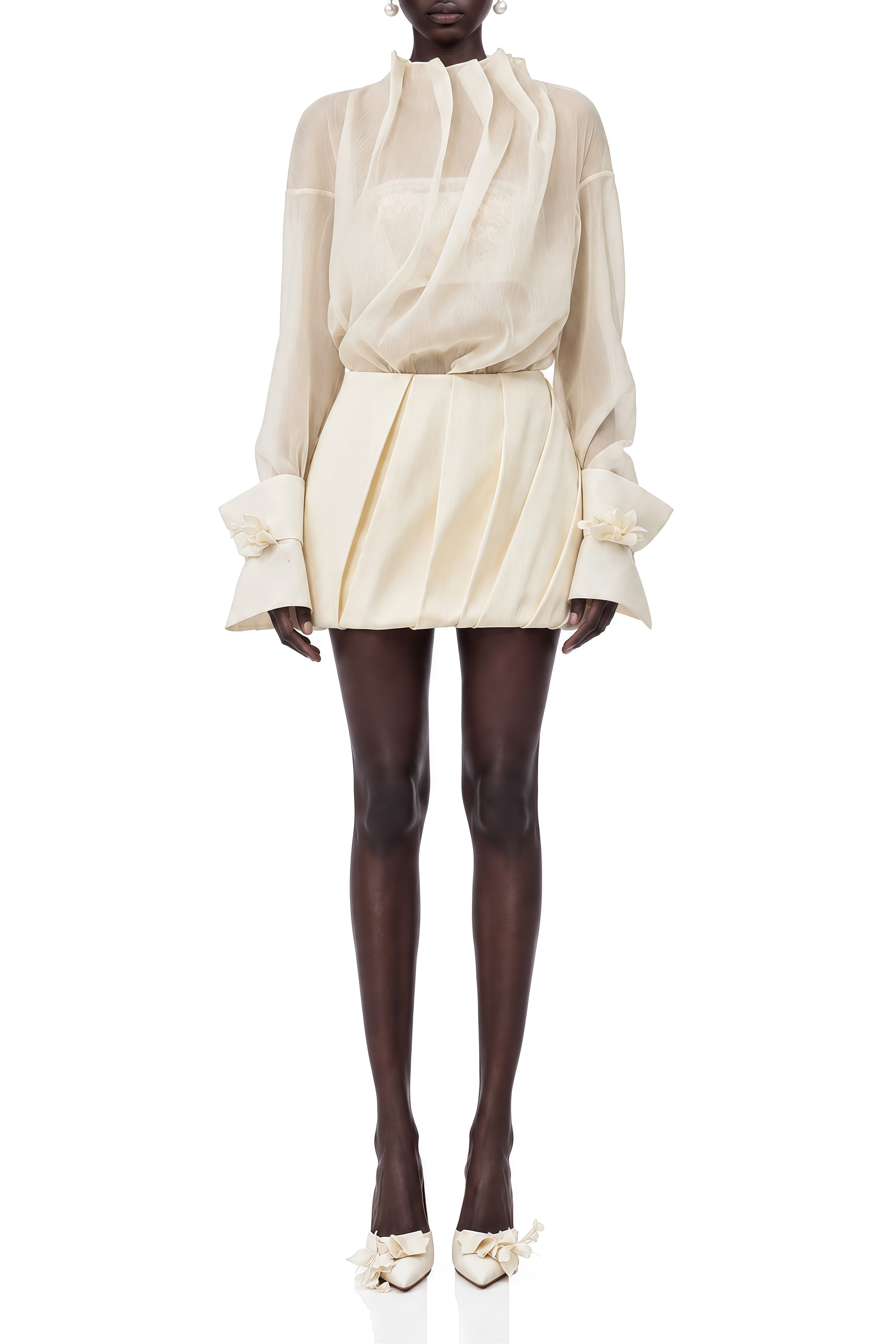 Grace Neutral Turtleneck Draped Blouse & Skirt Set