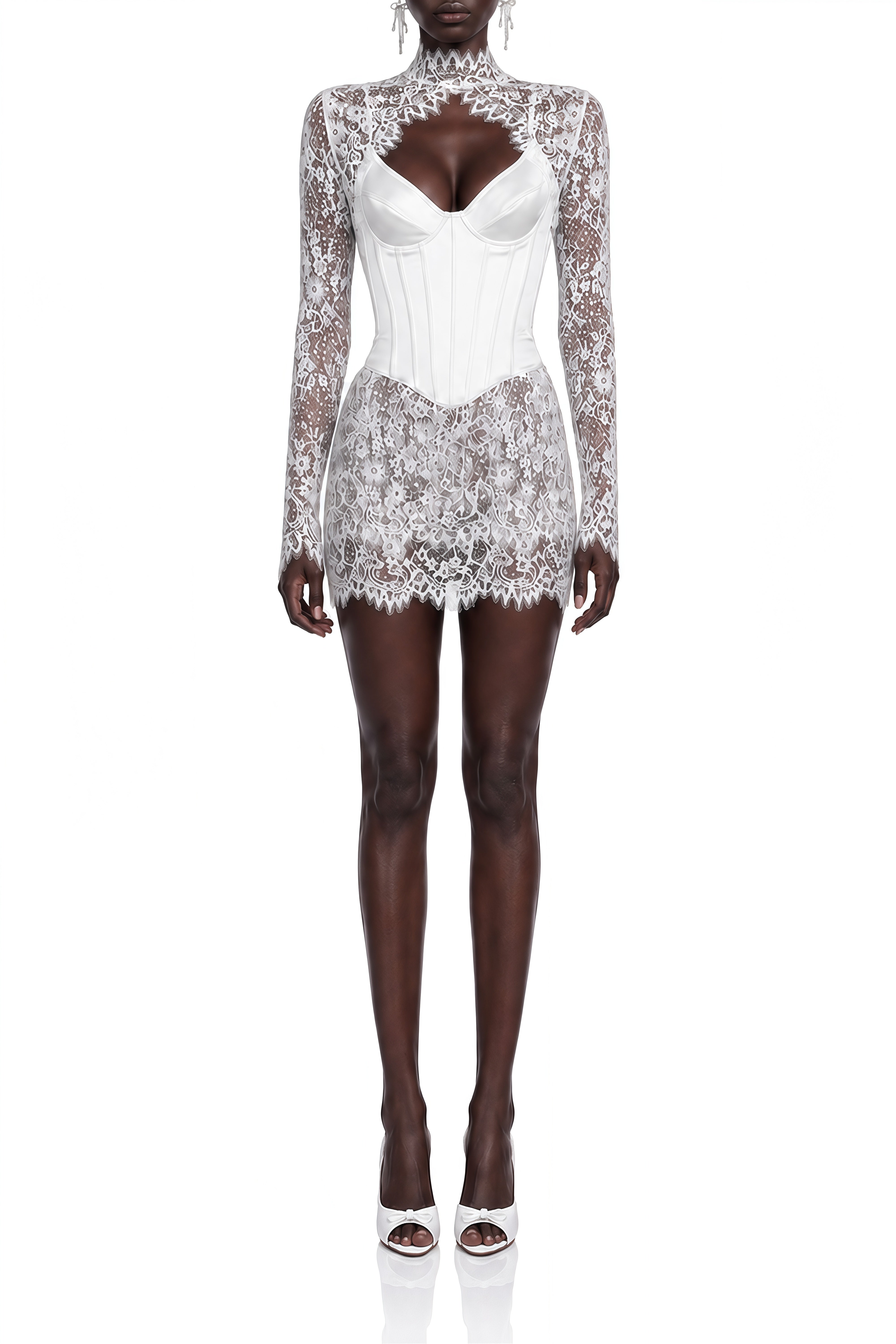Ivy White Long Sleeves Lace Top & Skirt Set