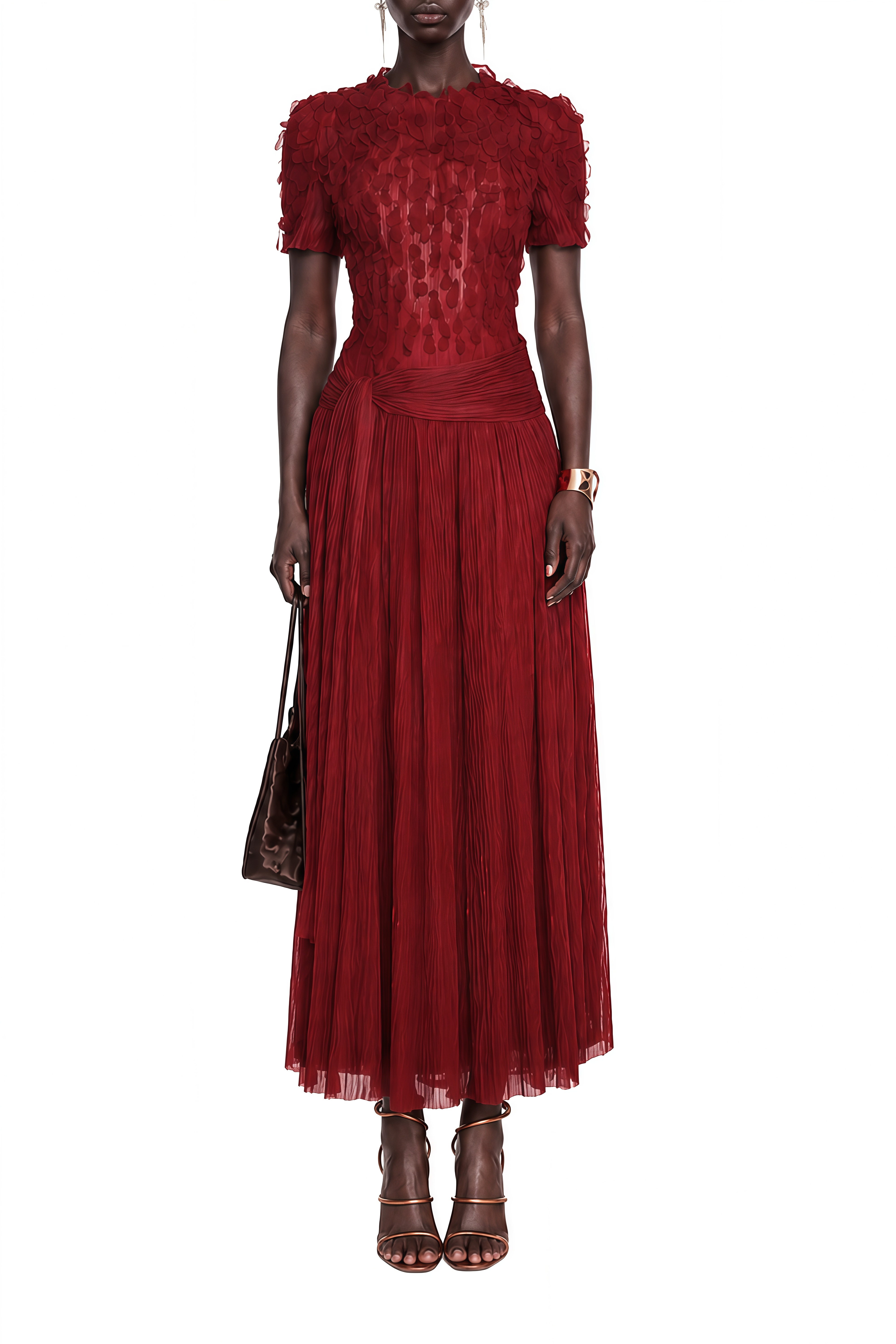 Clarisse Burgundy 3D Floral Ruched Midi Dress