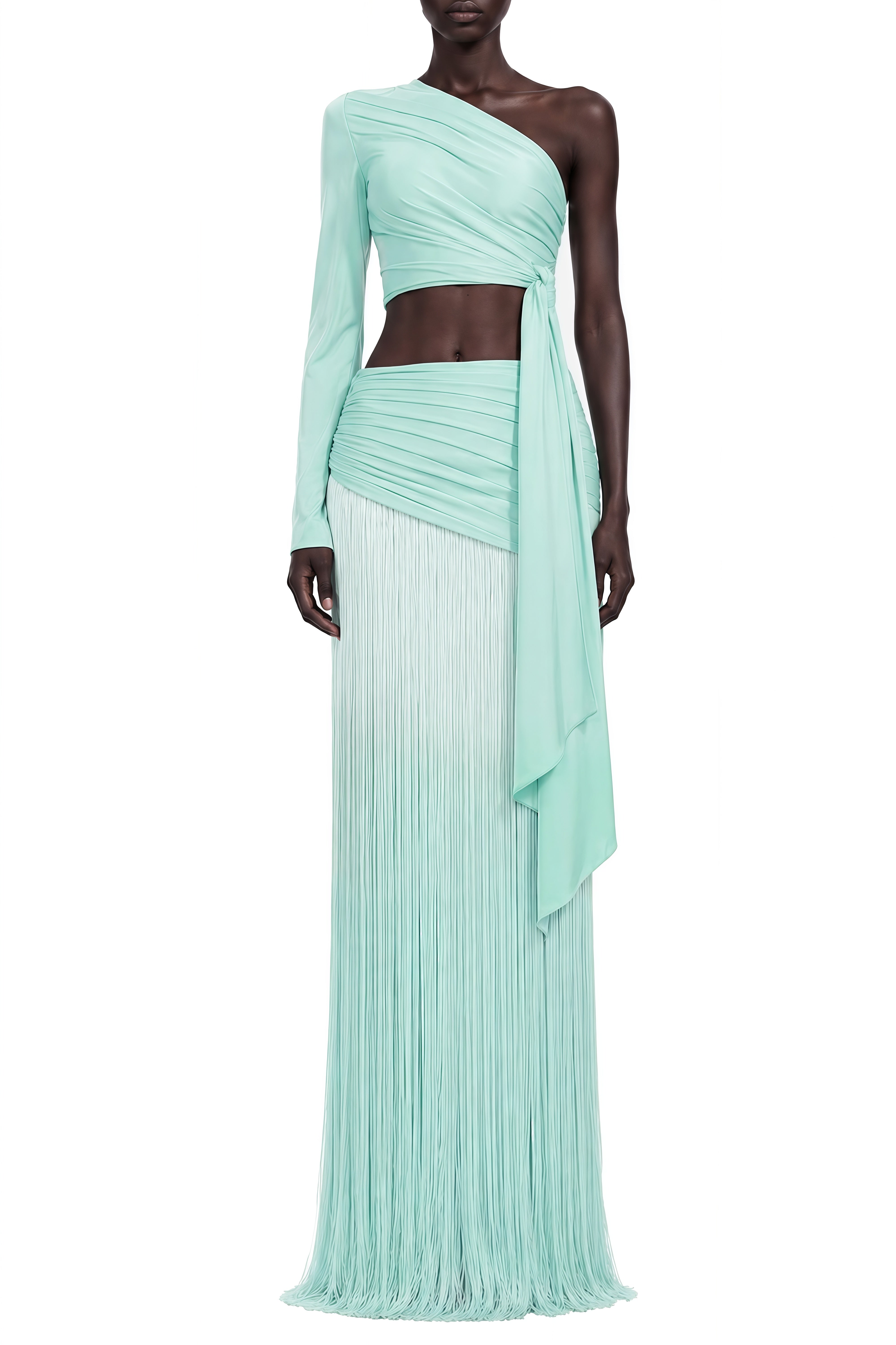 Thalia Green Asymmetrical Draped Top & Skirt Set