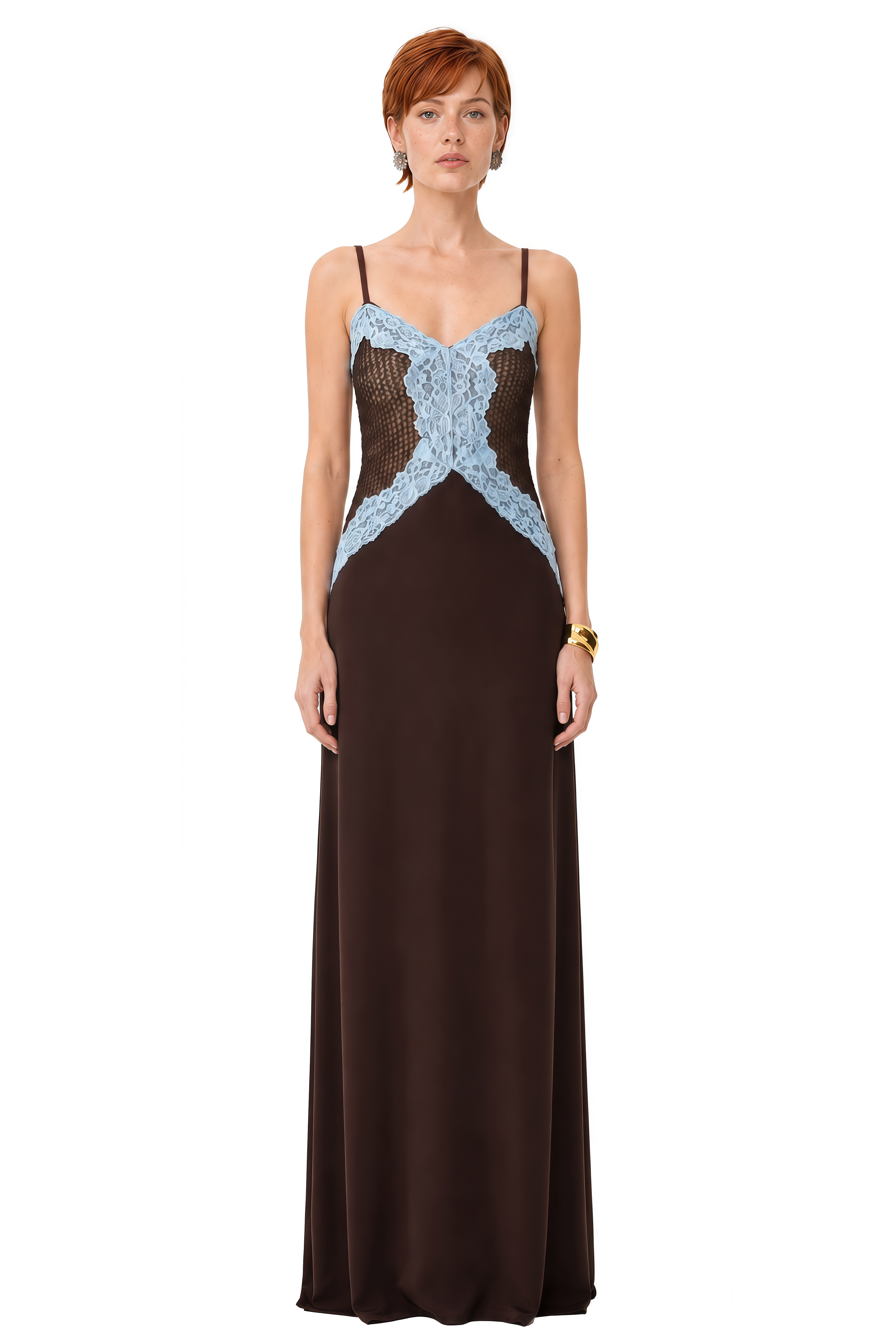 Rosalie Brown Sweetheart Neck Lace Maxi Dress