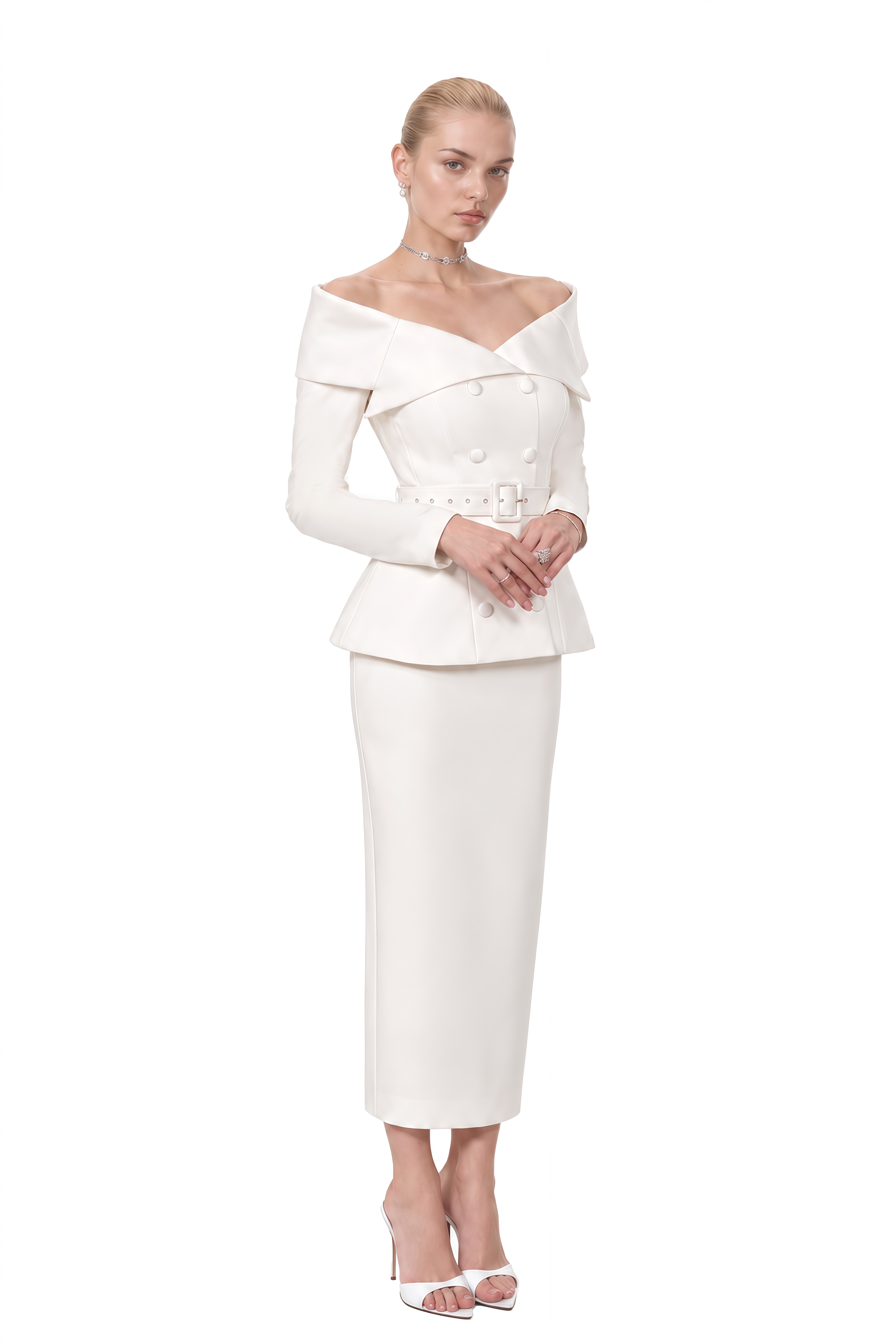 Beatrice White Off Shoulder Belted Top & Skirt Set