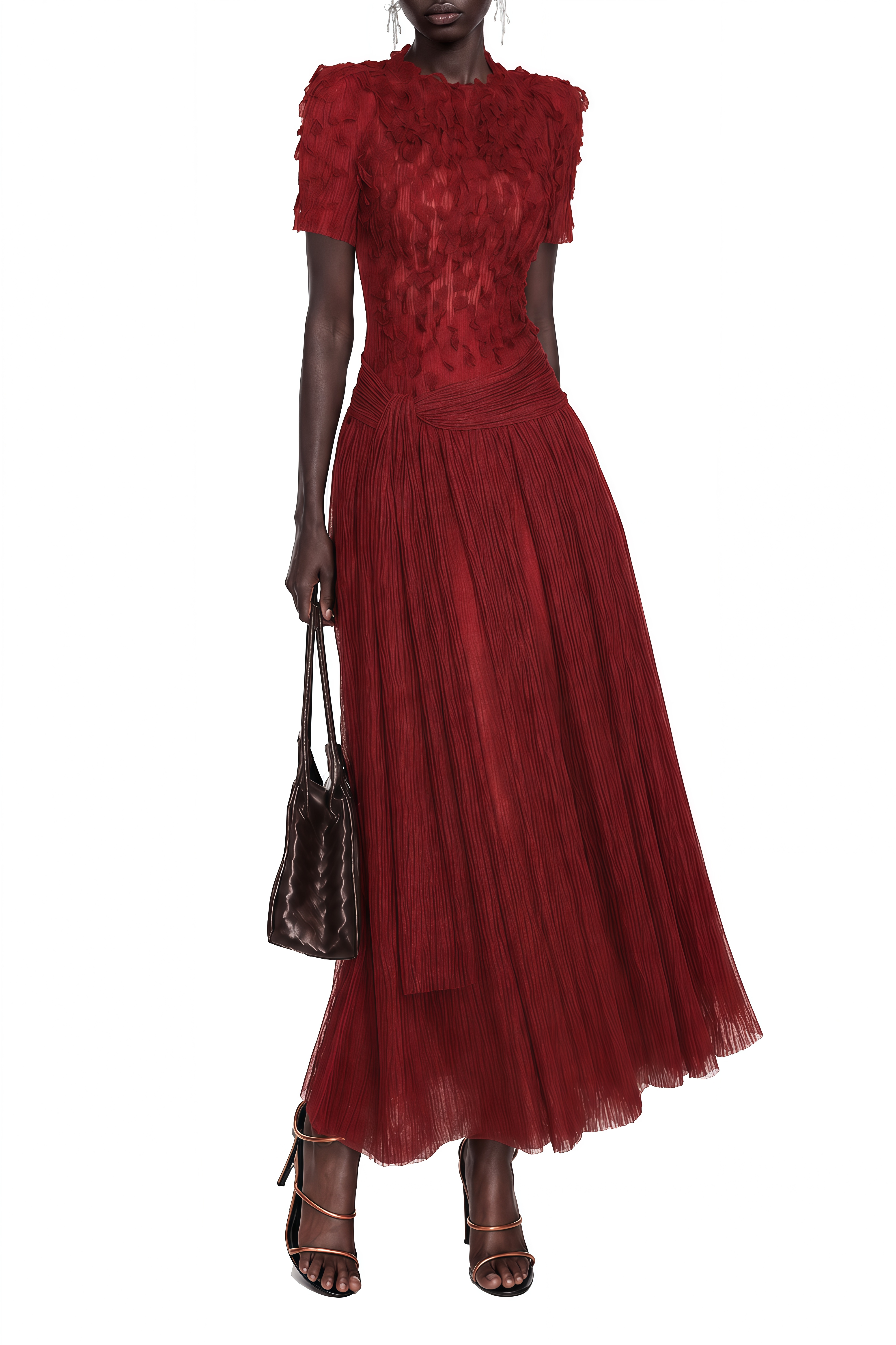 Clarisse Burgundy 3D Floral Ruched Midi Dress