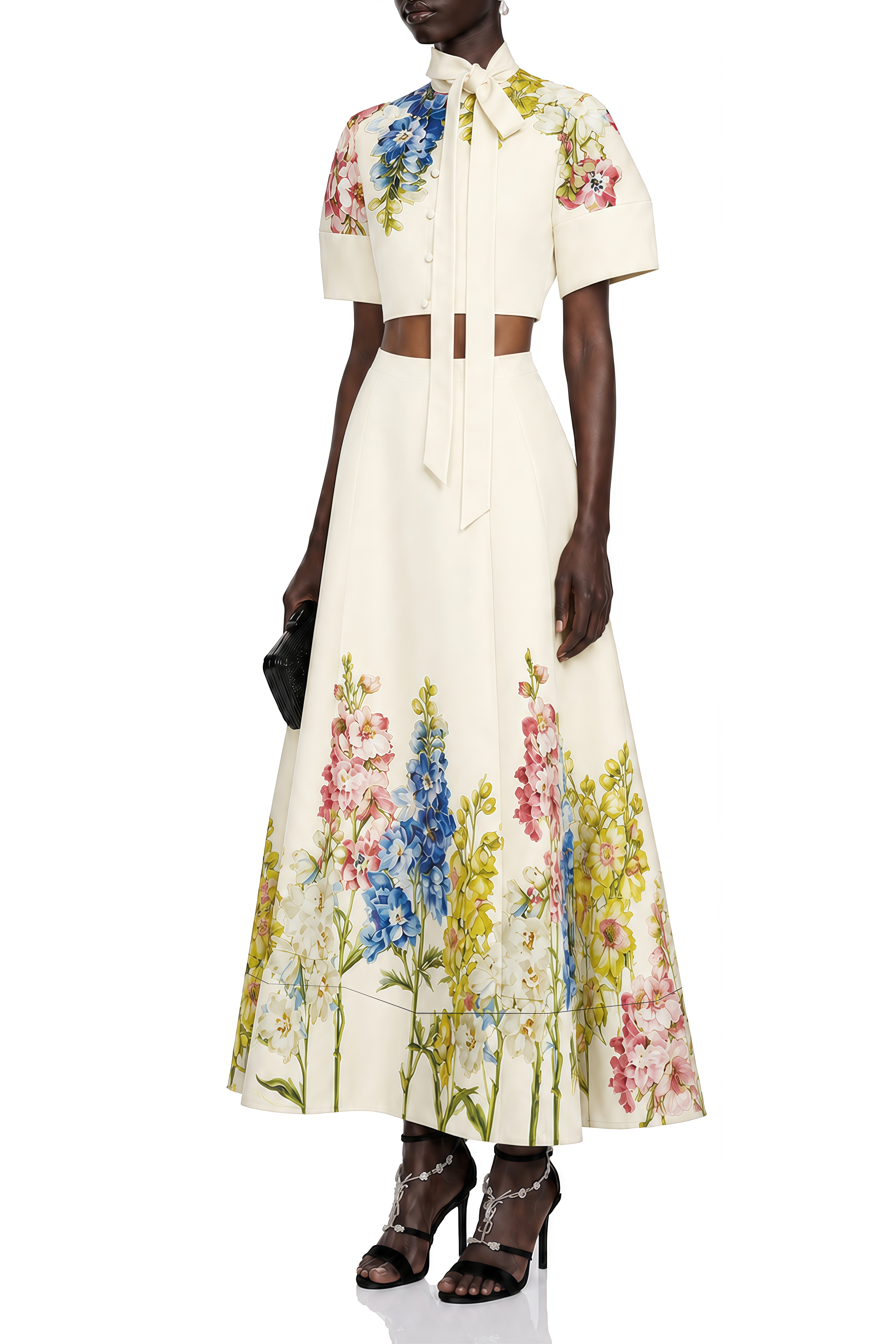 Amara White Floral Print Turtleneck Top & Skirt Set