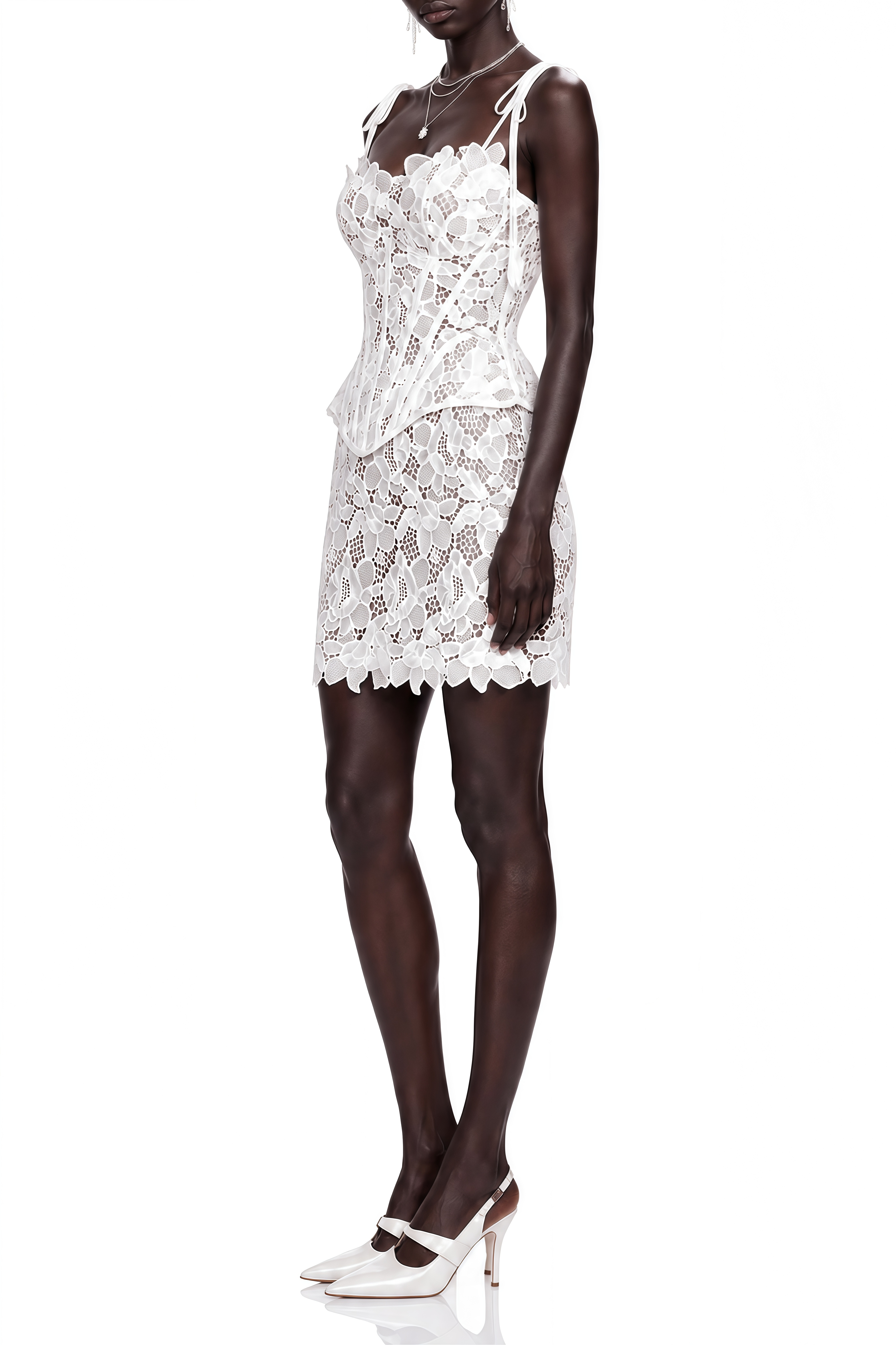 Noelle White Floral lace Top & Skirt Set