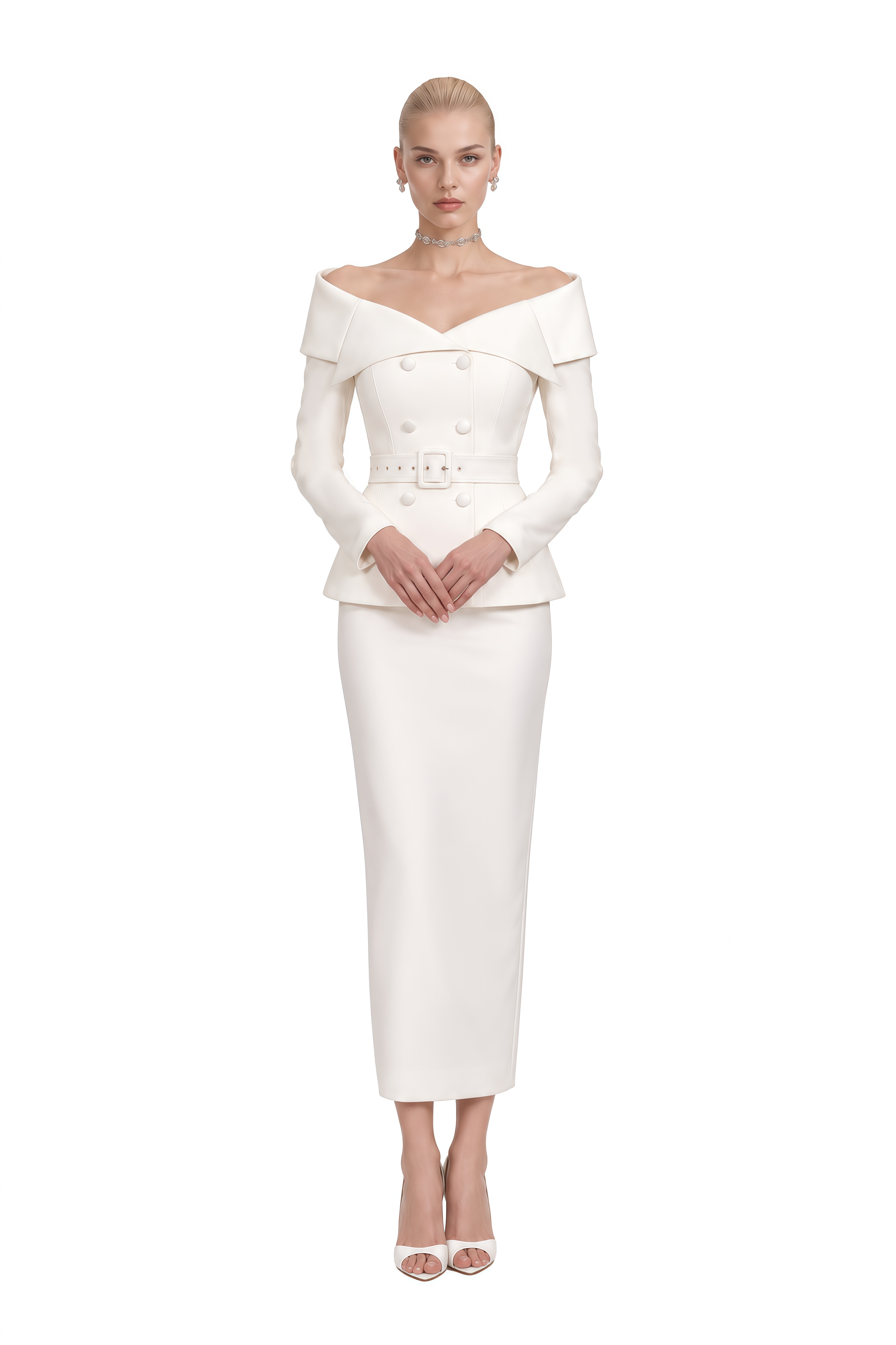 Beatrice White Off Shoulder Belted Top & Skirt Set
