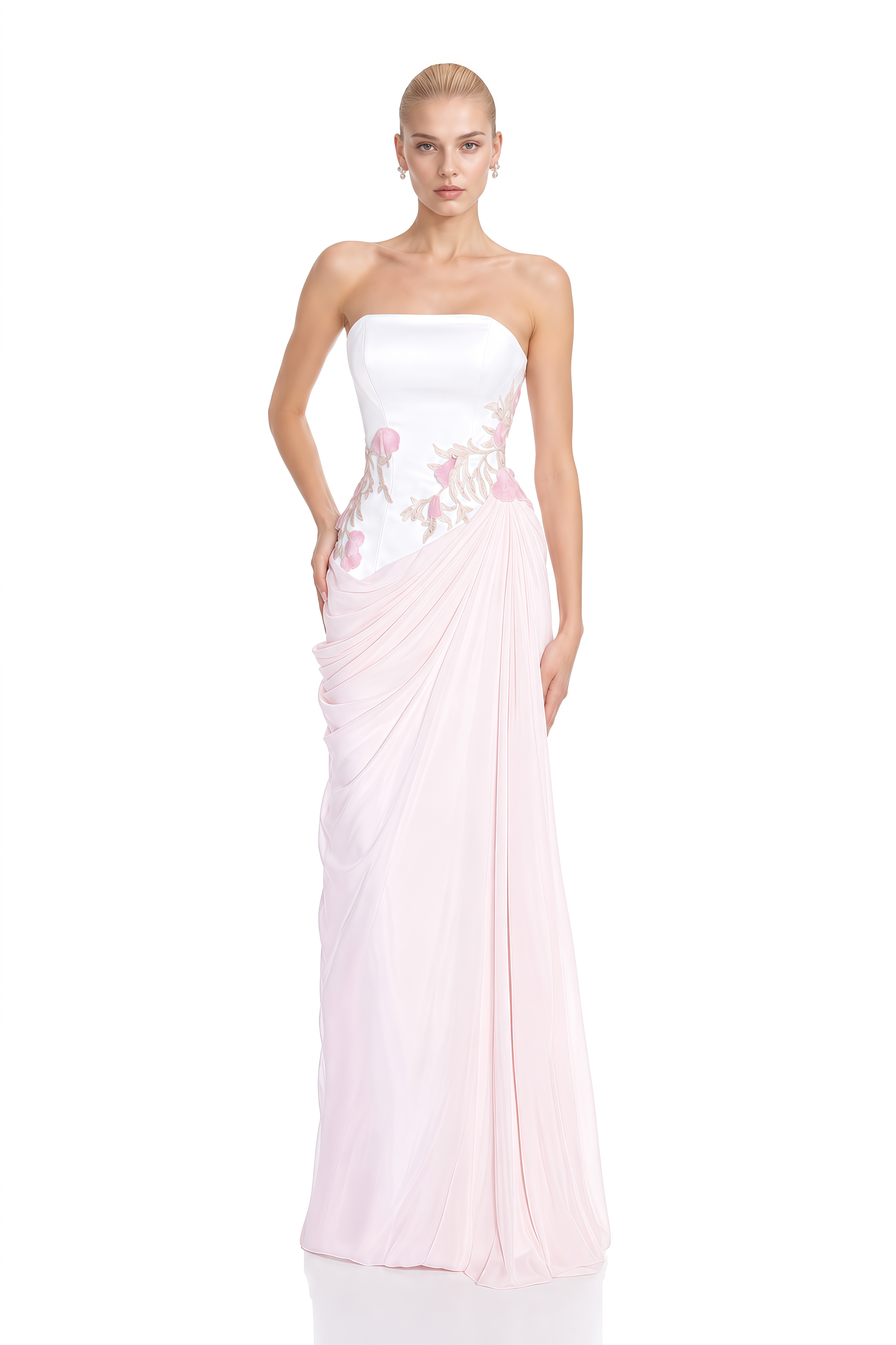 Odette Pink Strapless Floral Embroidery Maxi Dress