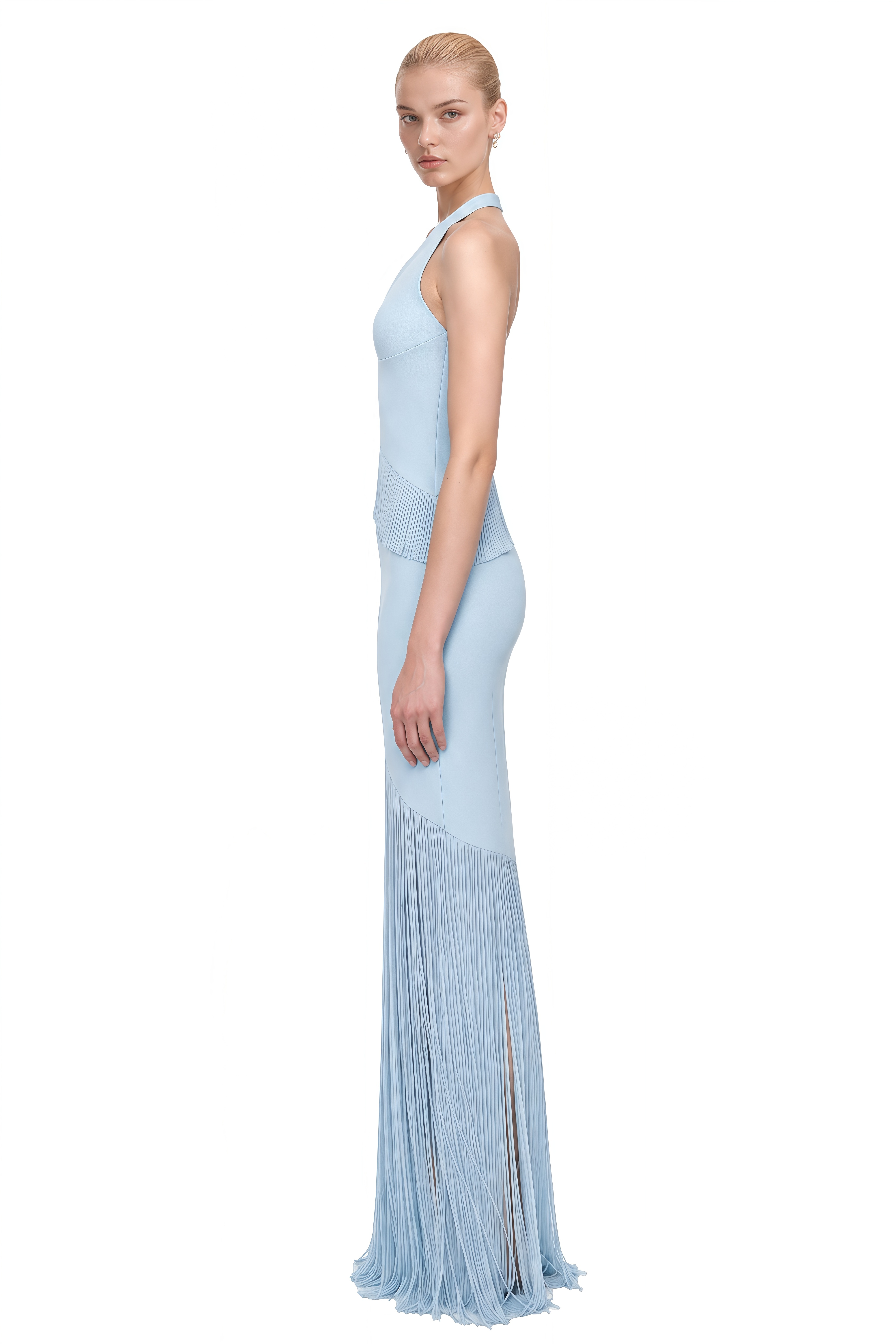 Mireille Light Blue Halterneck Fringe-Hem Top & Skirt Set