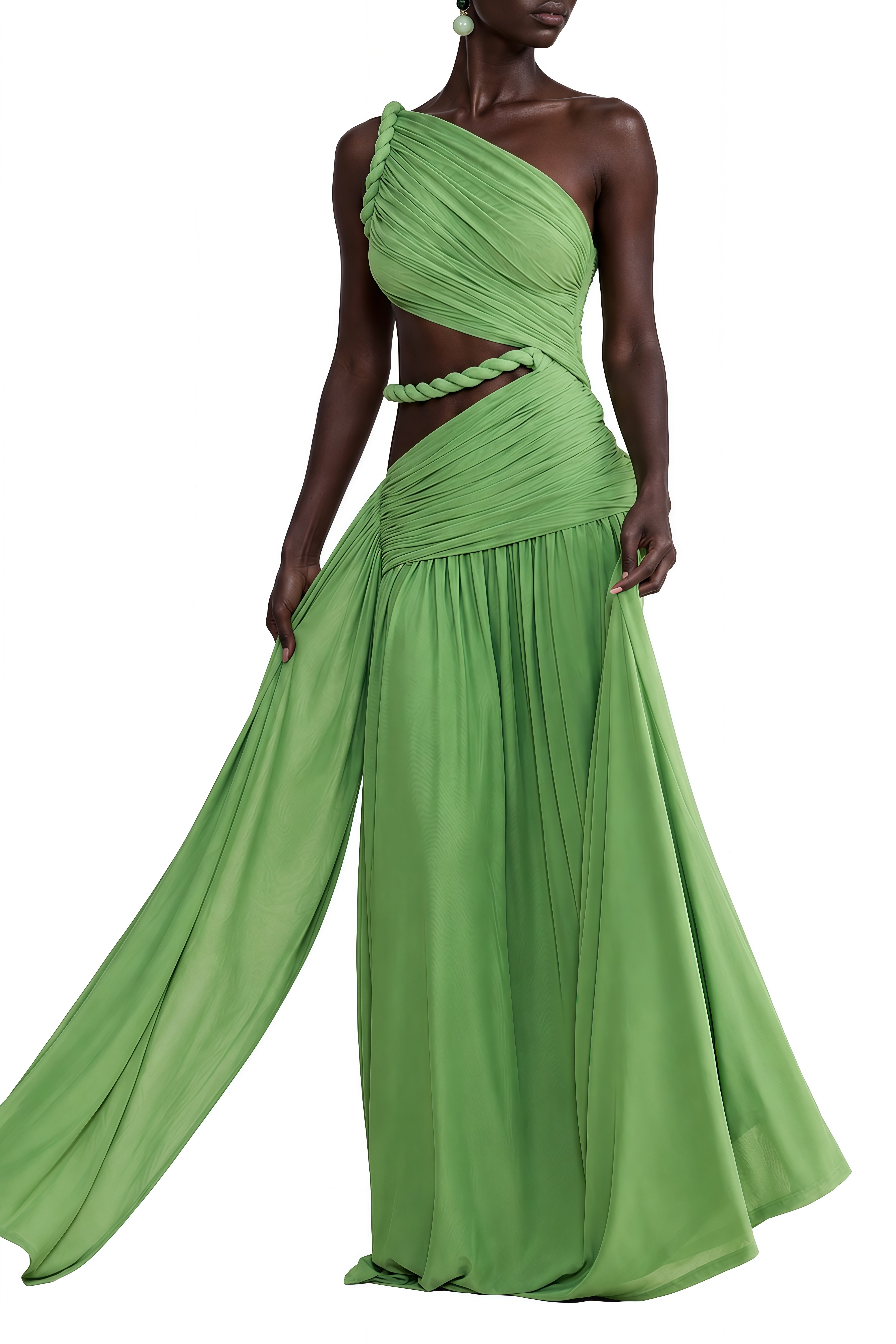 Juliet Green Asymmetrical Cut-Out Maxi Dress