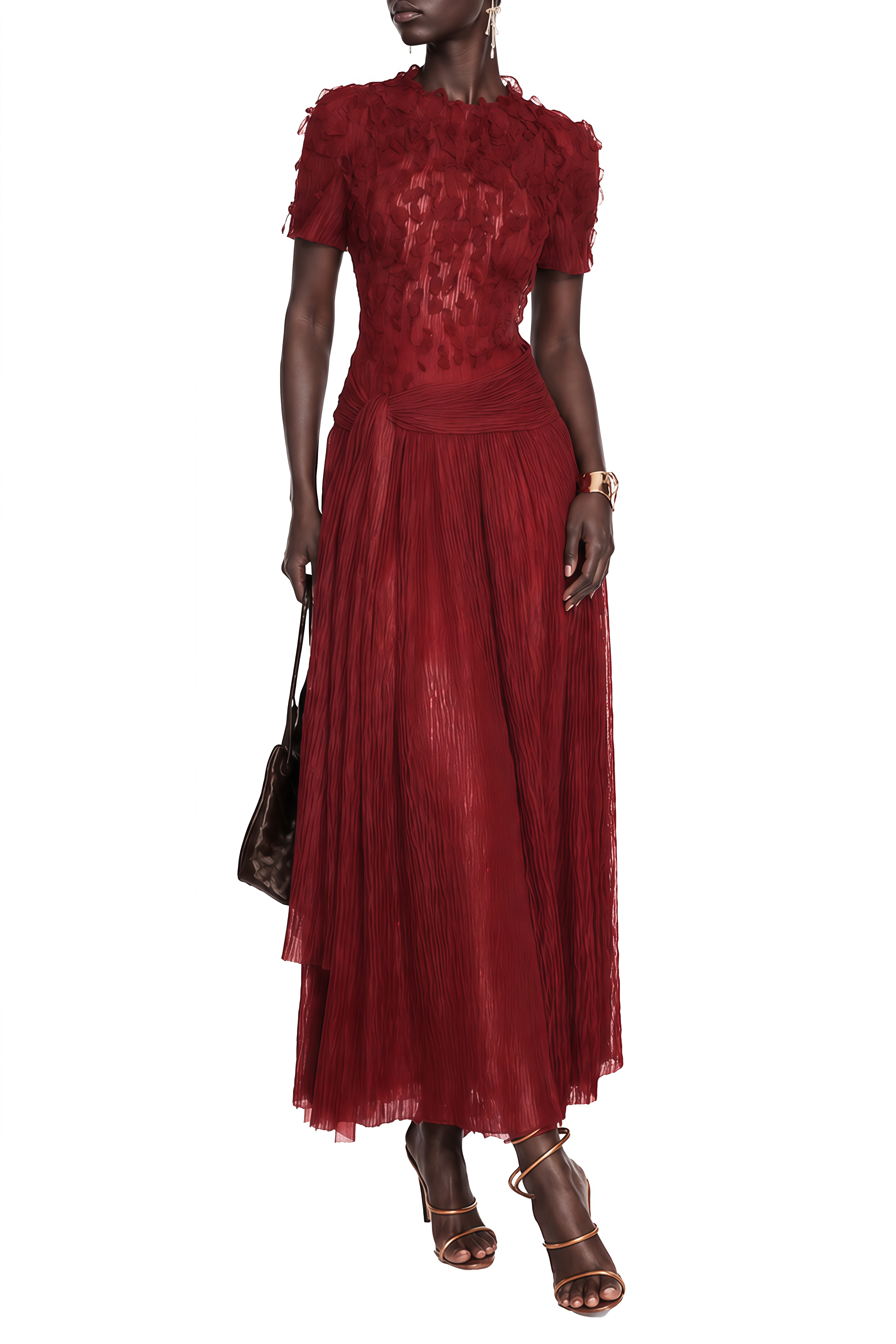 Clarisse Burgundy 3D Floral Ruched Midi Dress