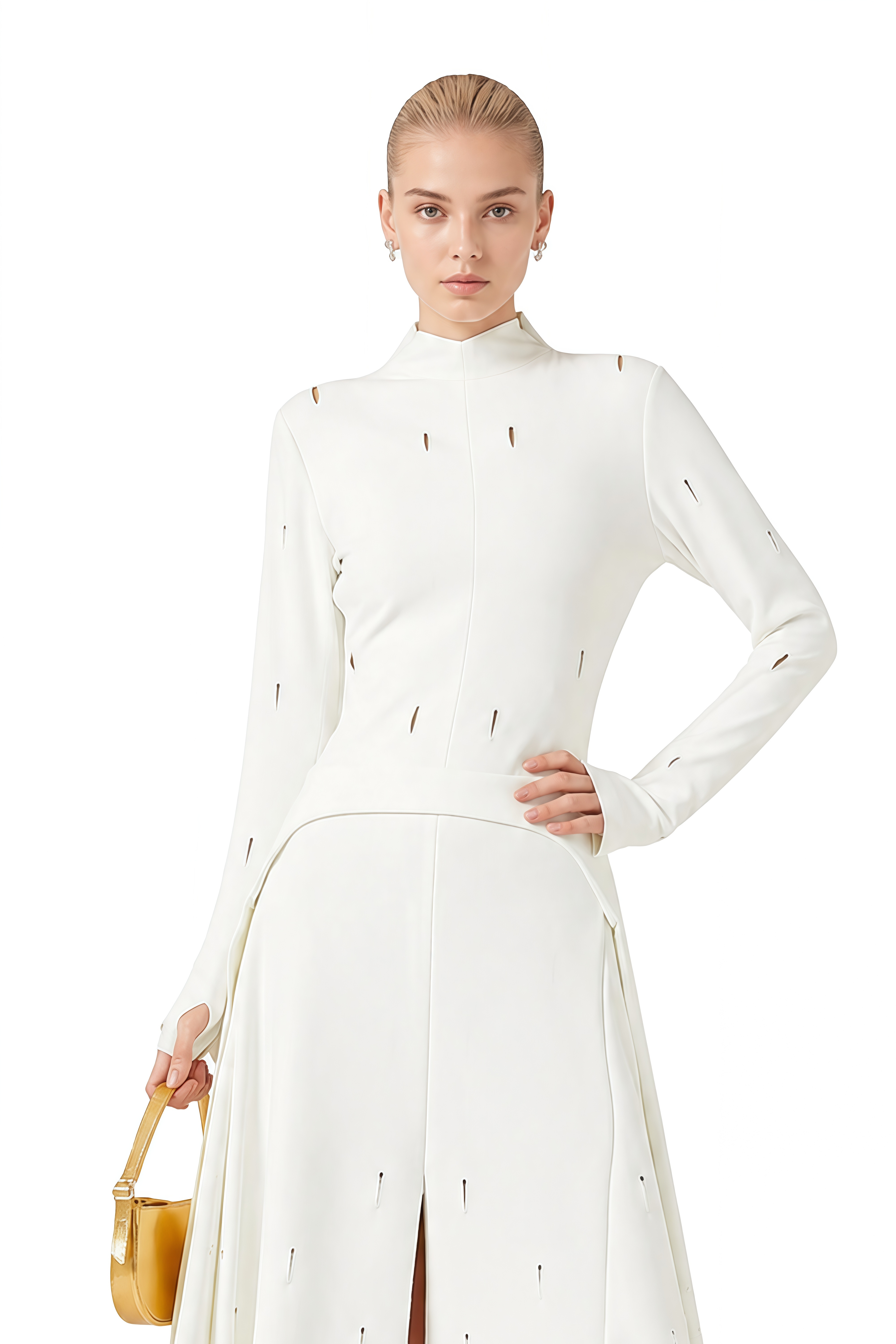 Portia White Turtleneck Asymmetrical Top & Skirt Set