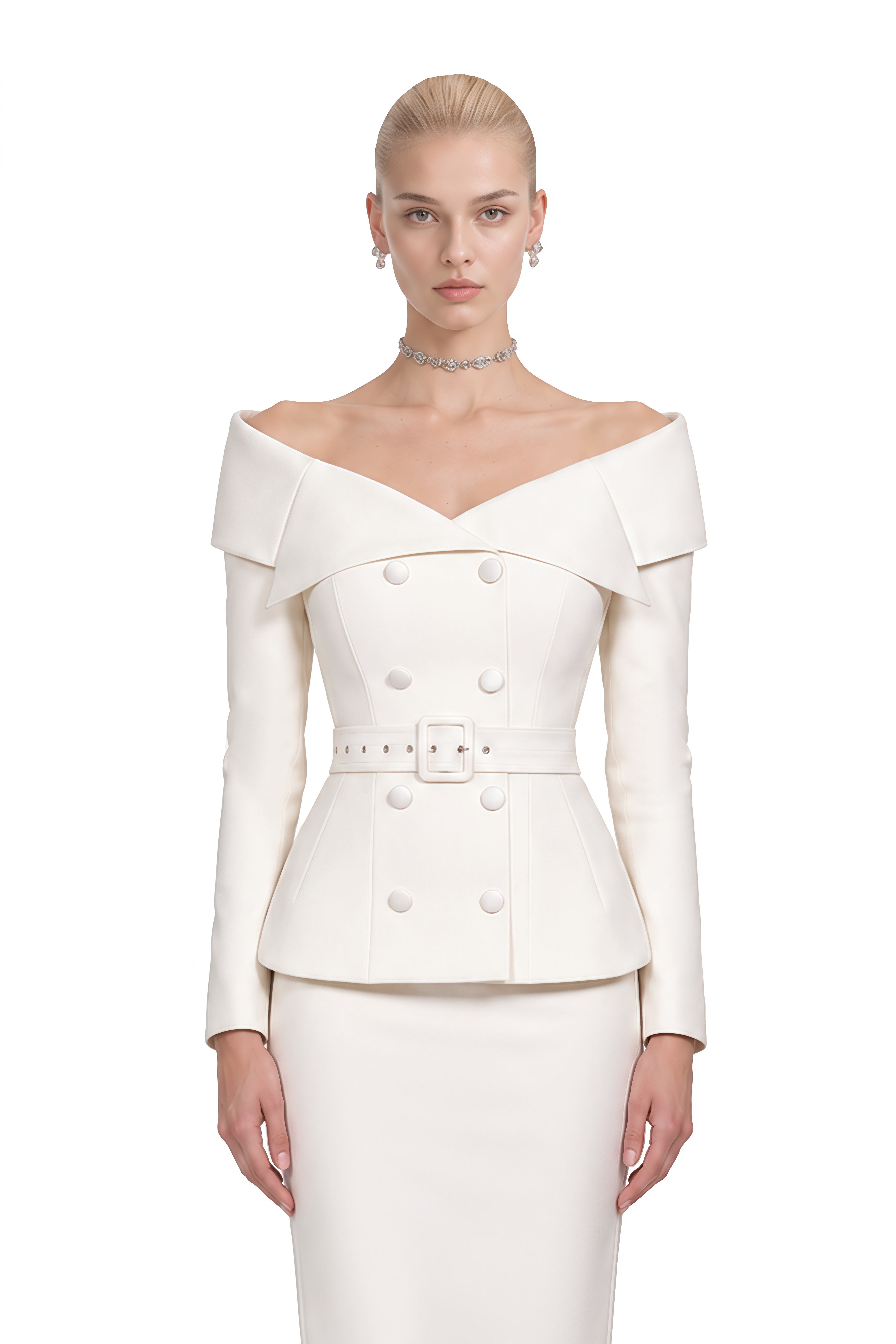 Beatrice White Off Shoulder Belted Top & Skirt Set