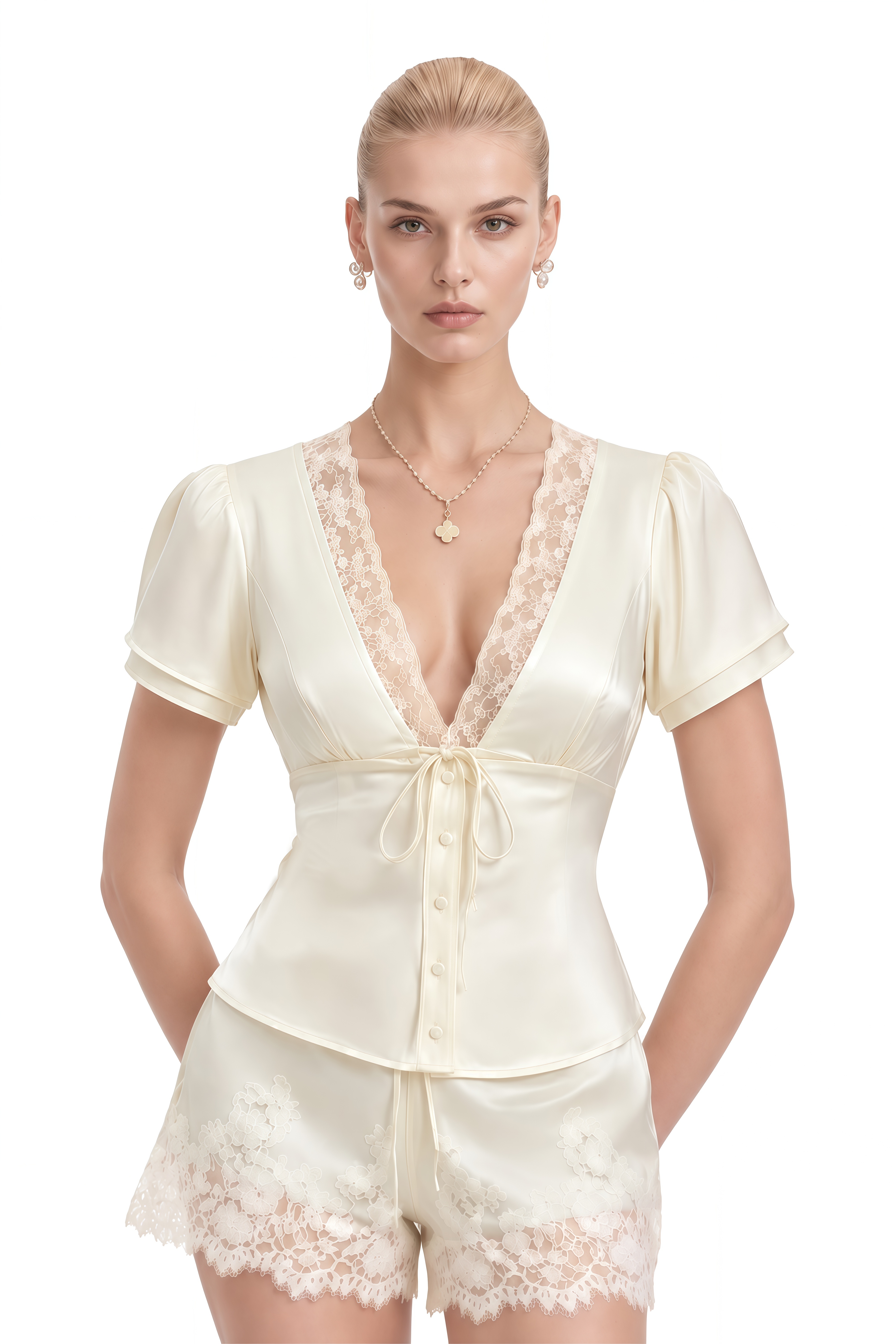 Miranda Neutral V-Neck Lace Trim Top & Shorts Set