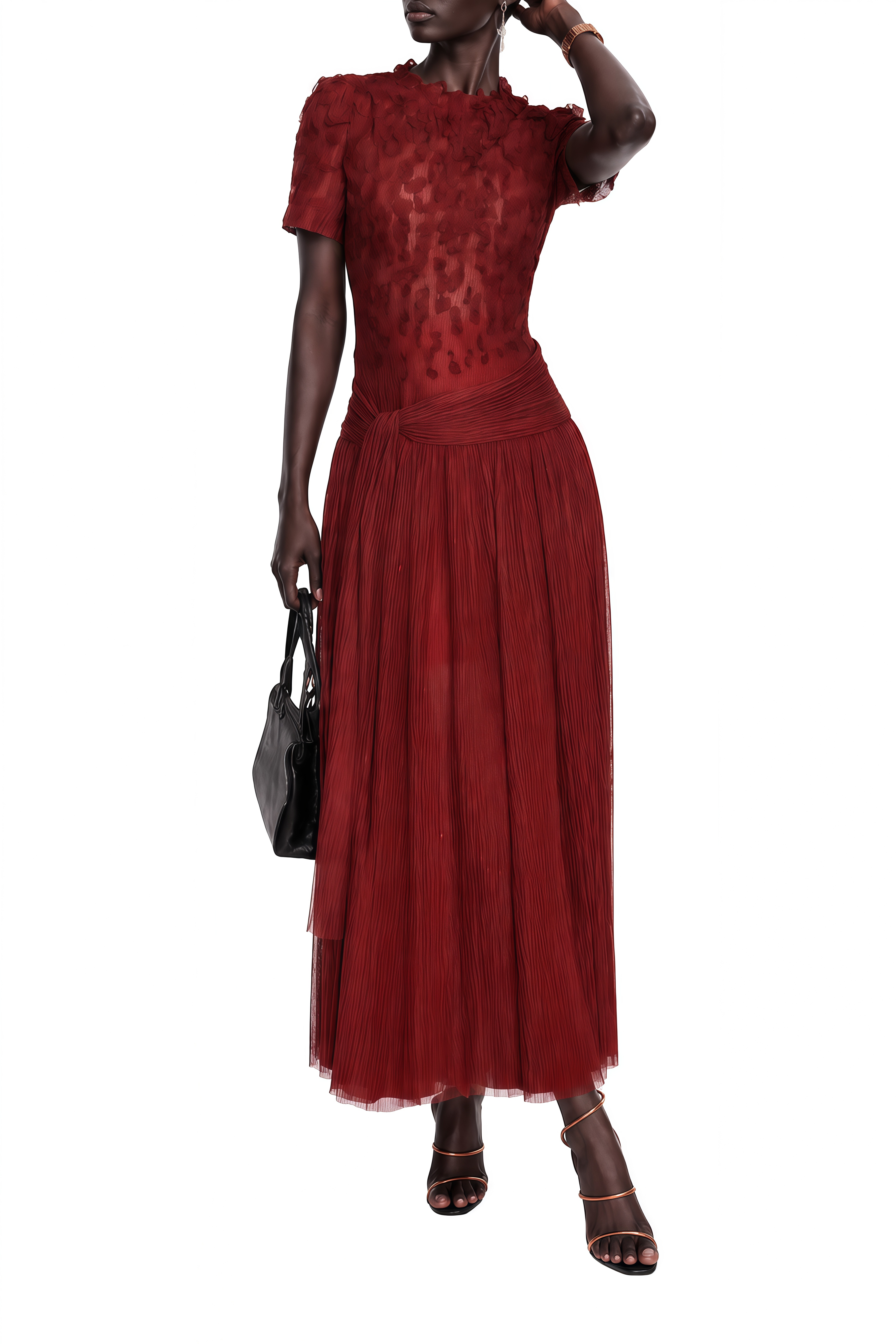 Clarisse Burgundy 3D Floral Ruched Midi Dress