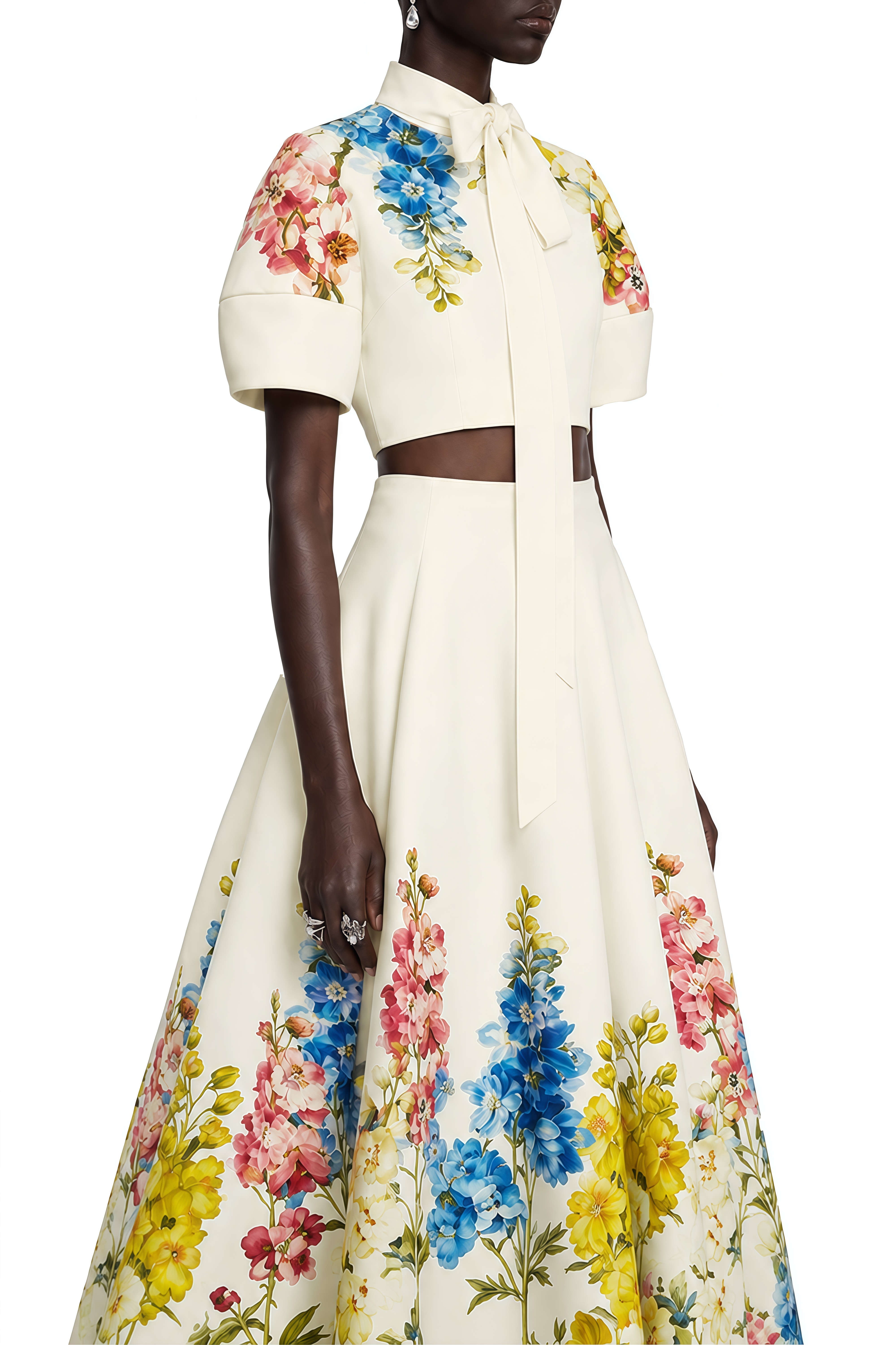 Amara White Floral Print Turtleneck Top & Skirt Set