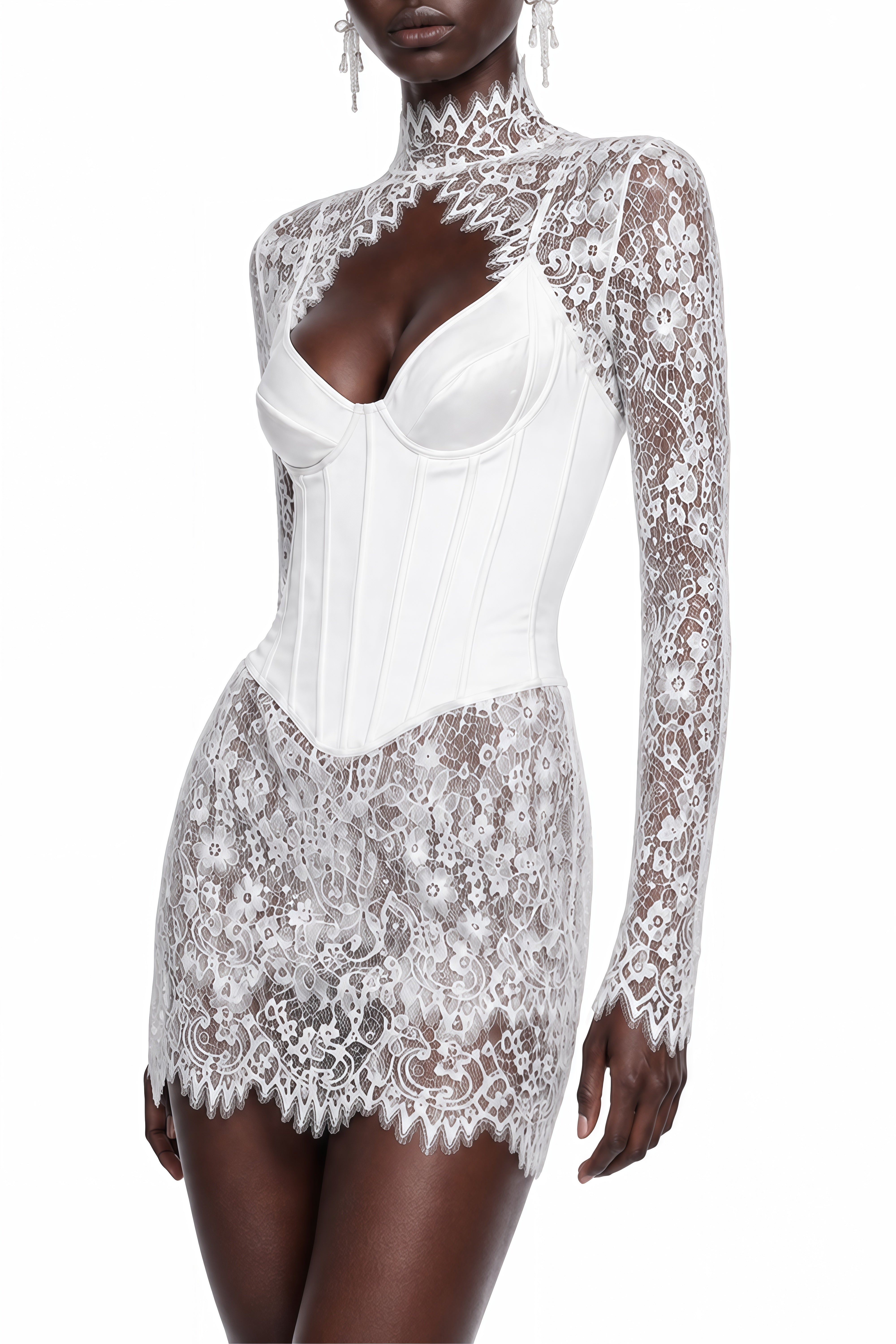 Ivy White Long Sleeves Lace Top & Skirt Set