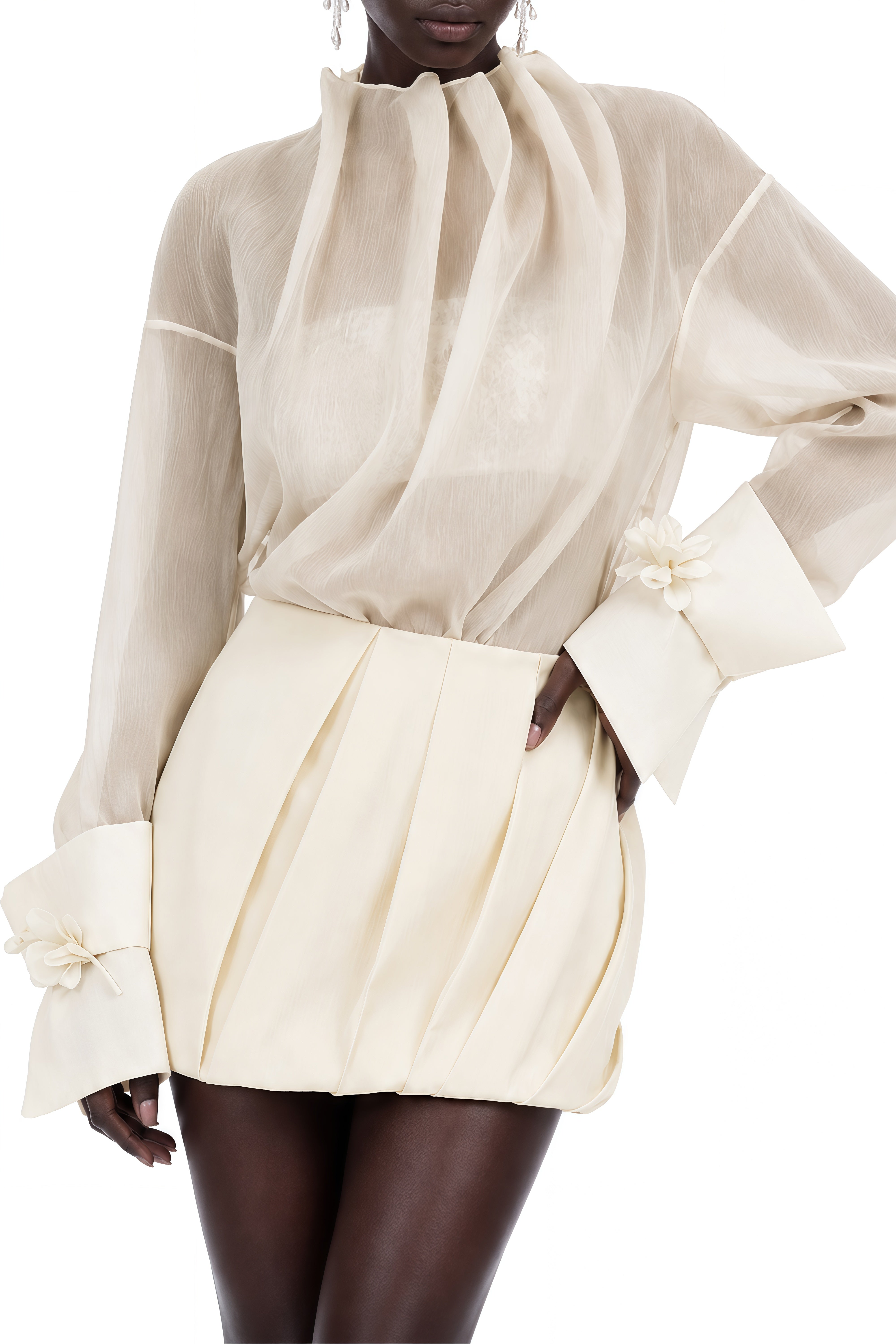 Grace Neutral Turtleneck Draped Blouse & Skirt Set