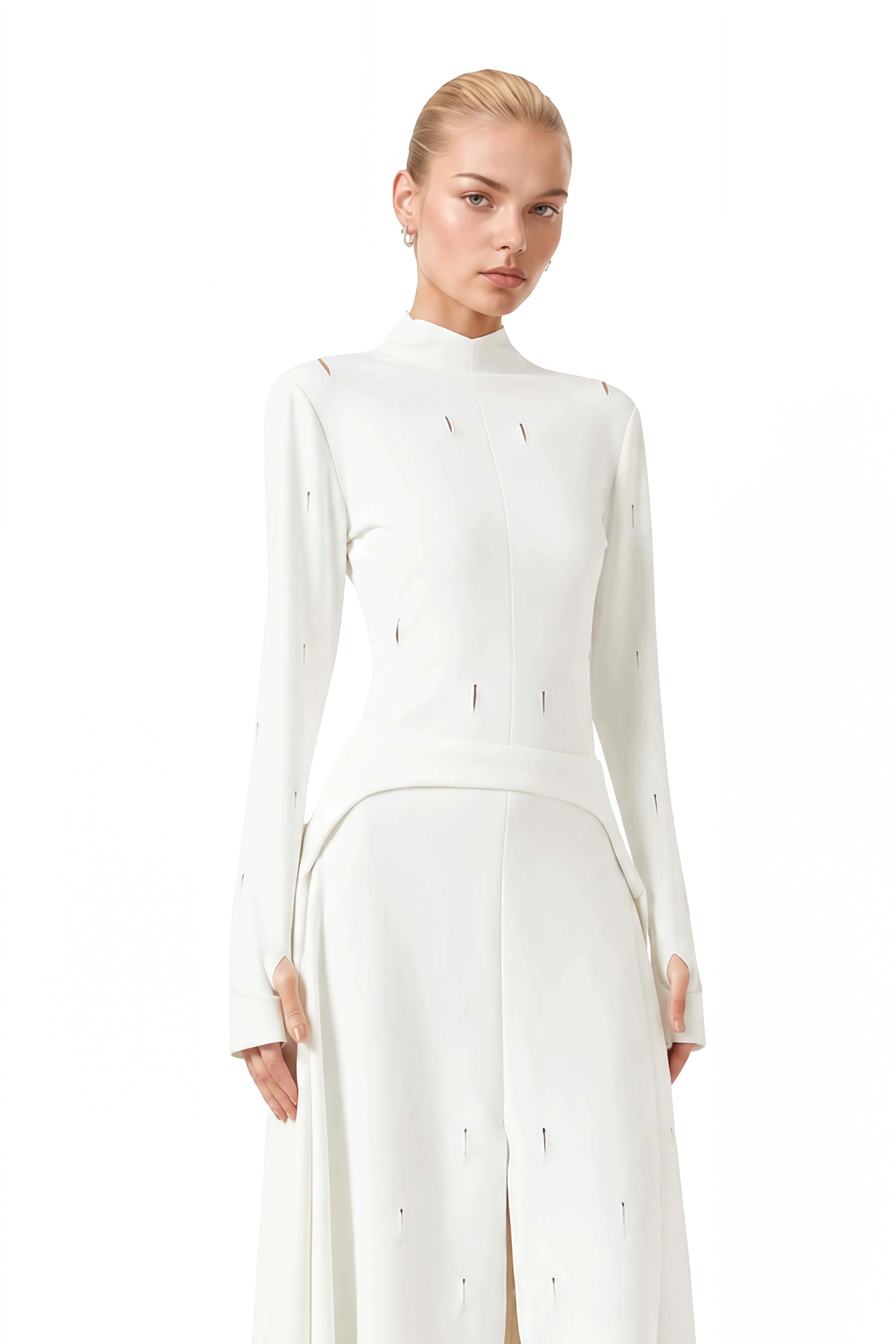 Portia White Turtleneck Asymmetrical Top & Skirt Set