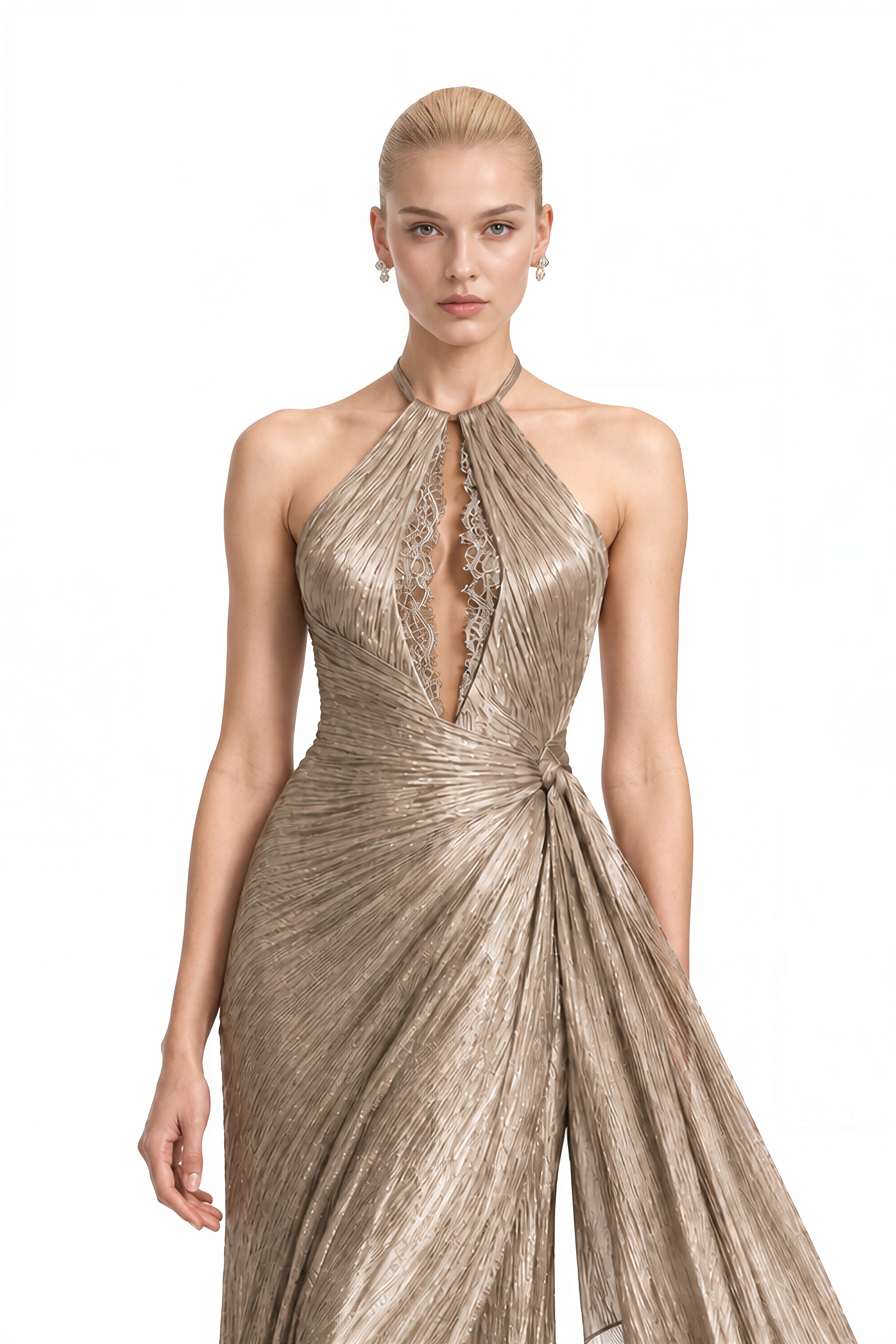 Ember Champagne Halterneck Draped Maxi Dress