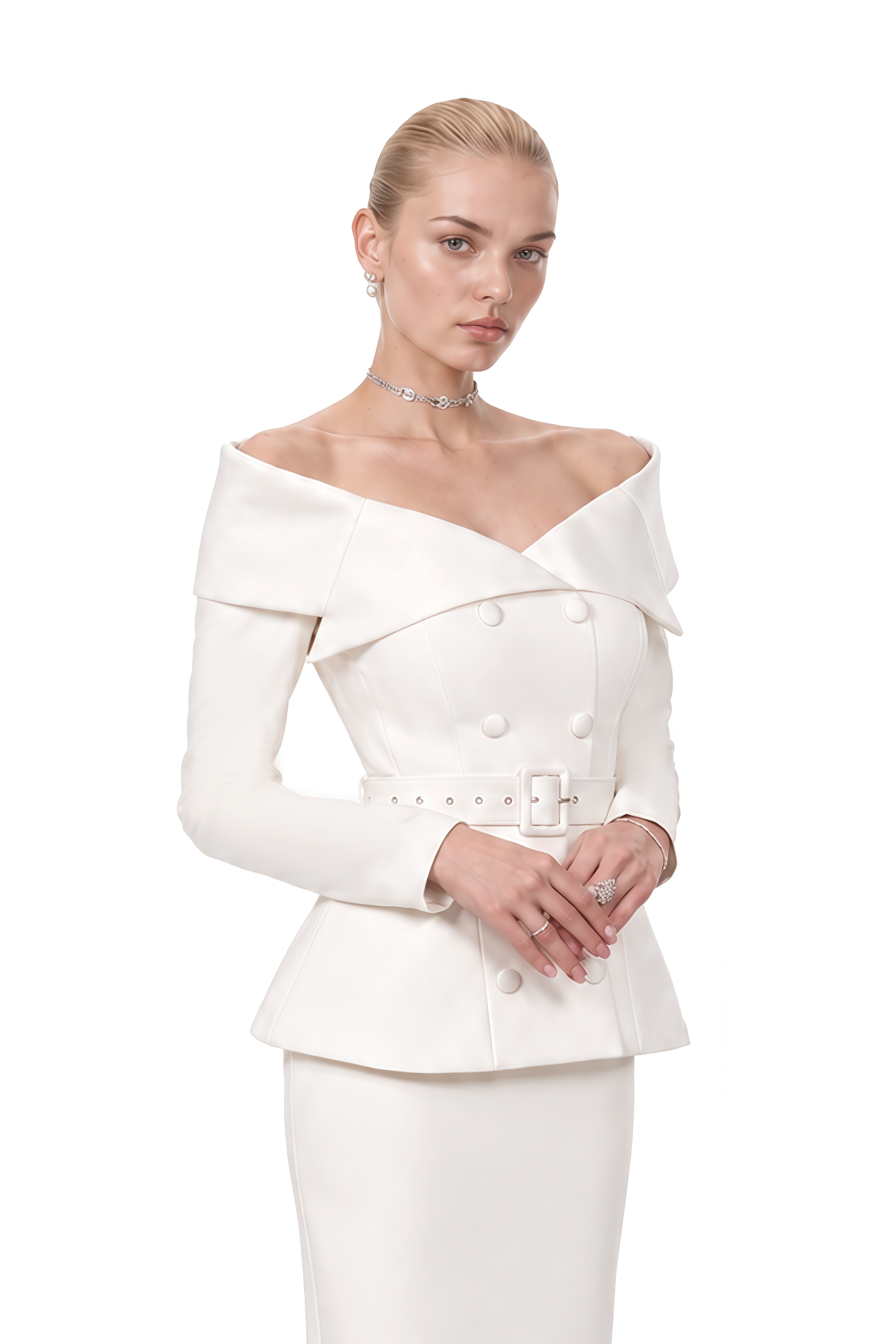 Beatrice White Off Shoulder Belted Top & Skirt Set
