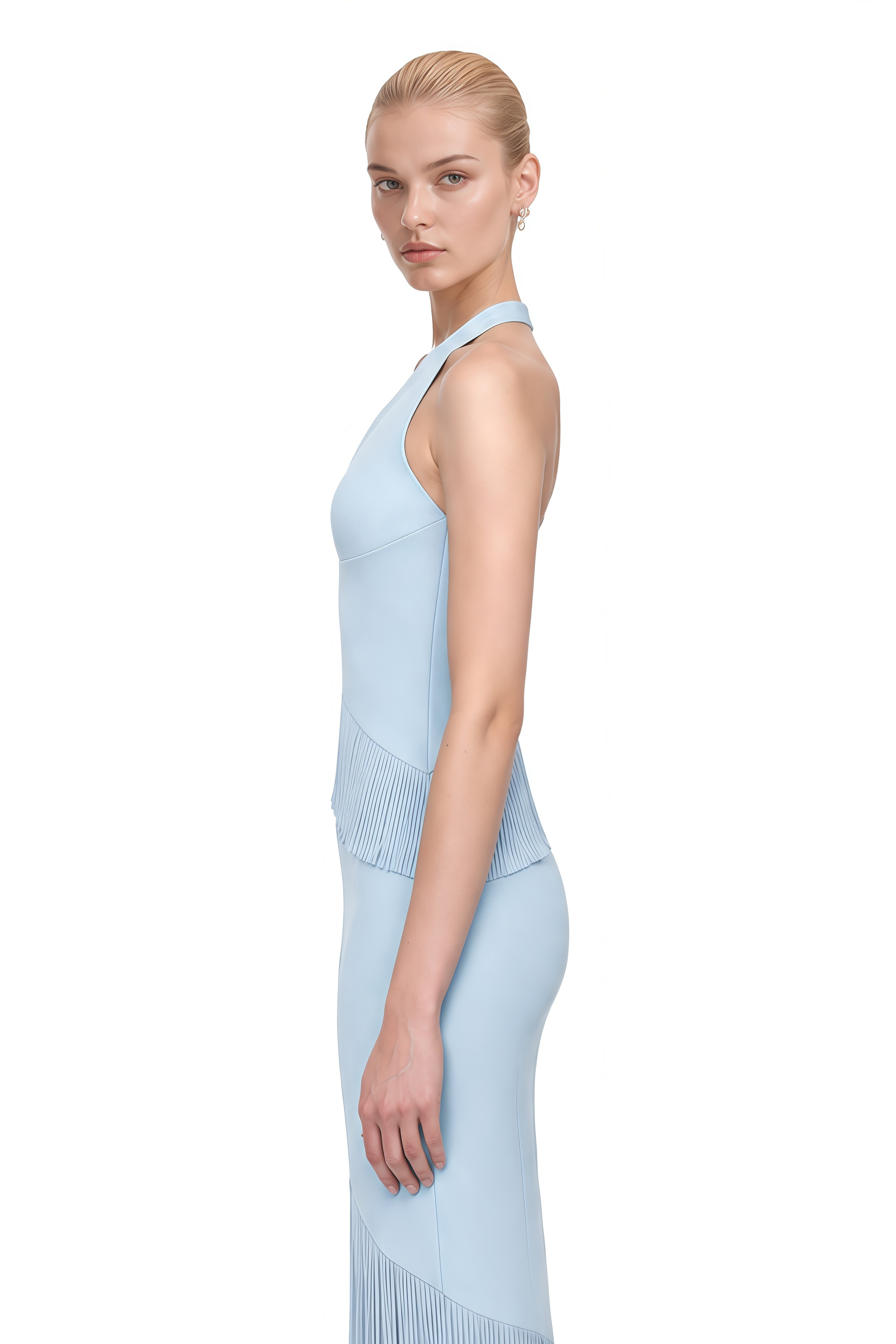 Mireille Light Blue Halterneck Fringe-Hem Top & Skirt Set