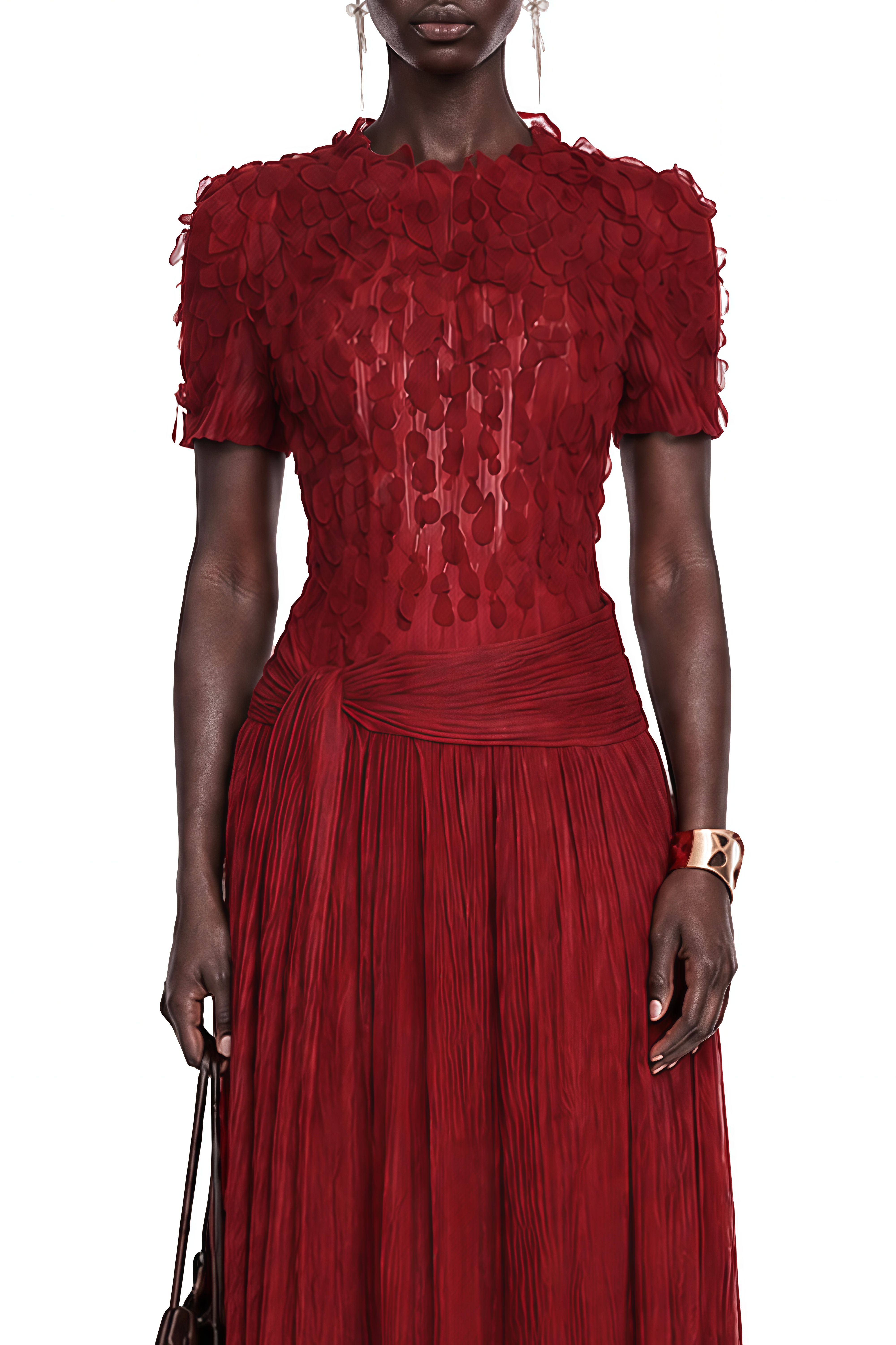 Clarisse Burgundy 3D Floral Ruched Midi Dress
