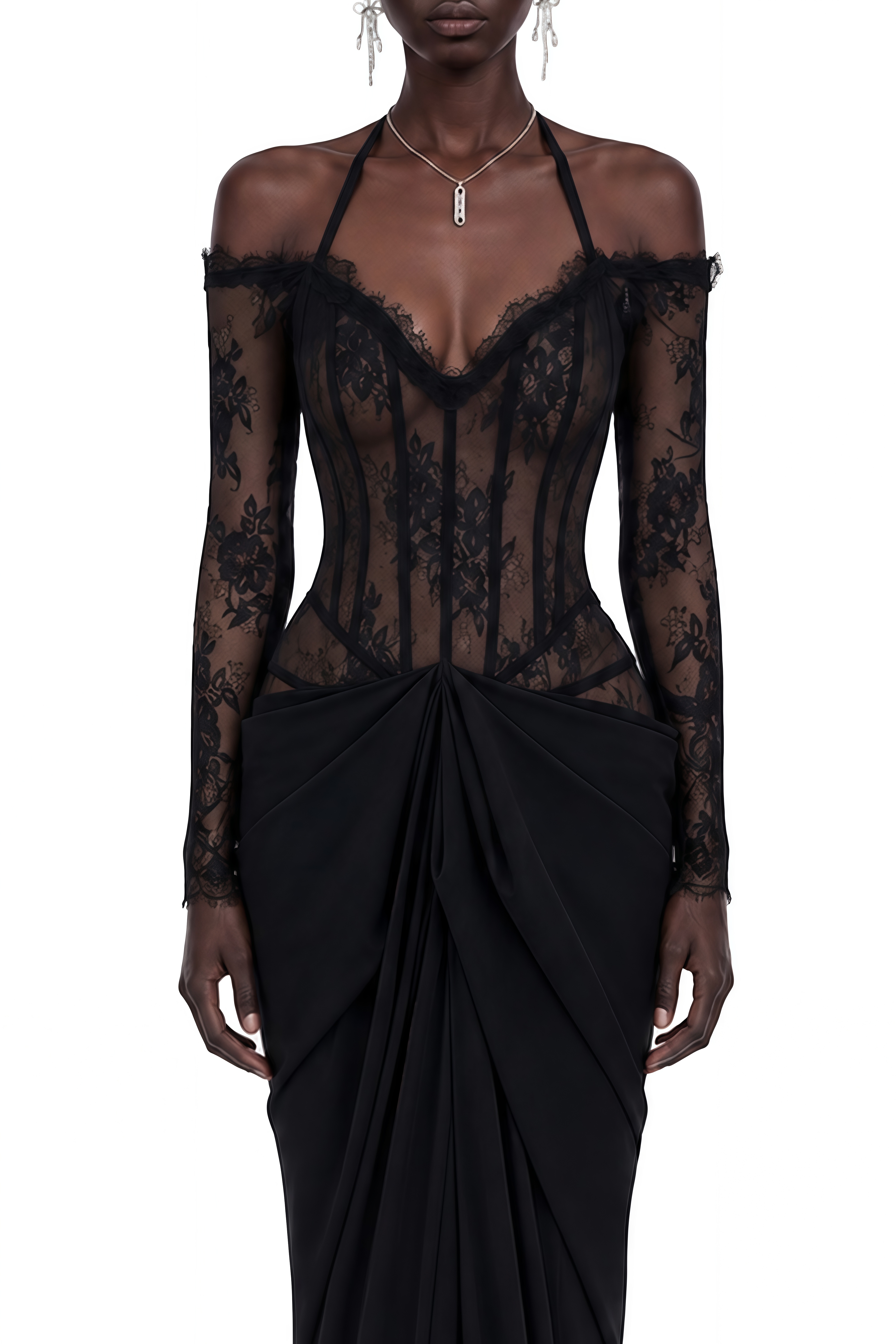 Clio Black Off Shoulder Lace Maxi Dress