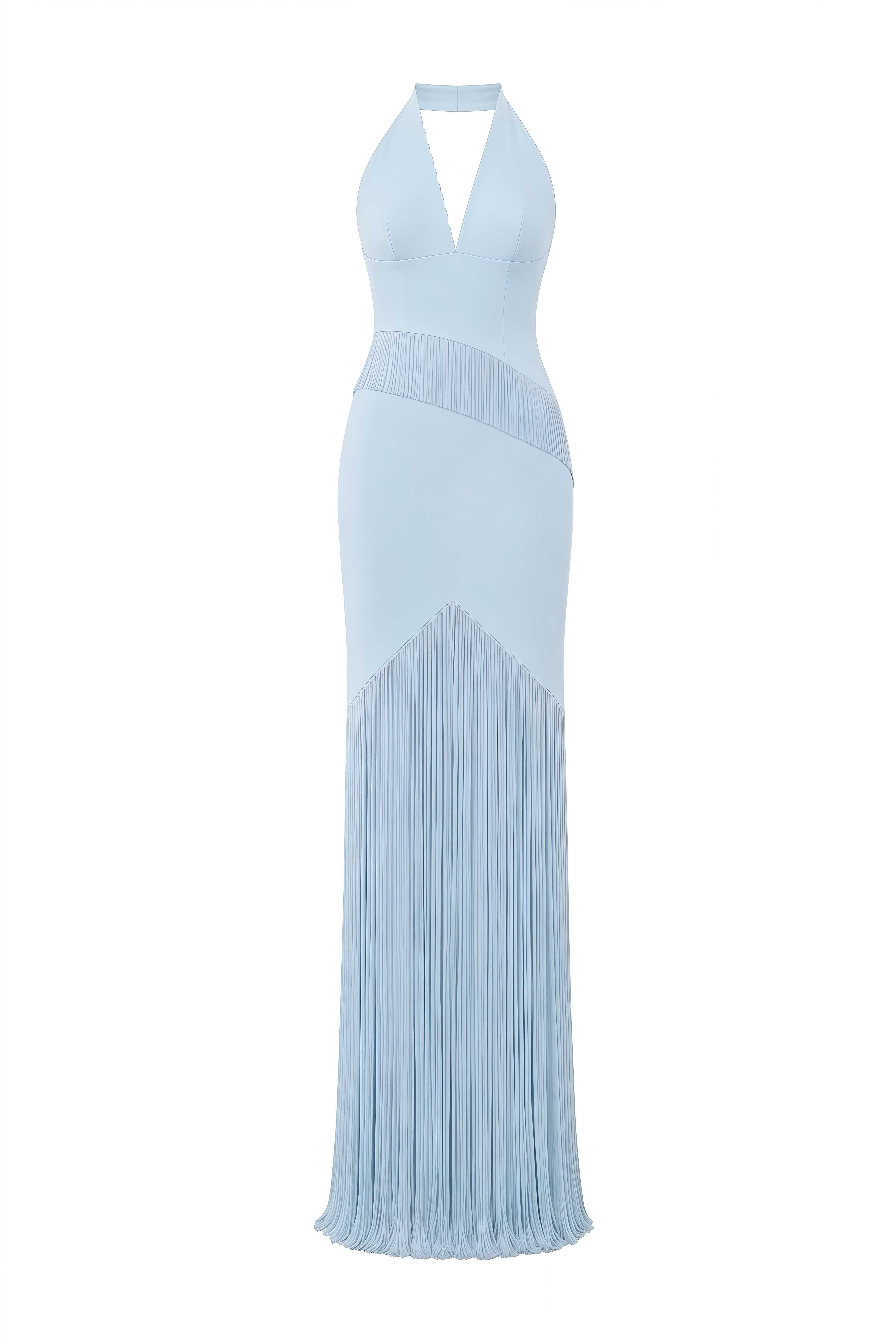 Mireille Light Blue Halterneck Fringe-Hem Top & Skirt Set