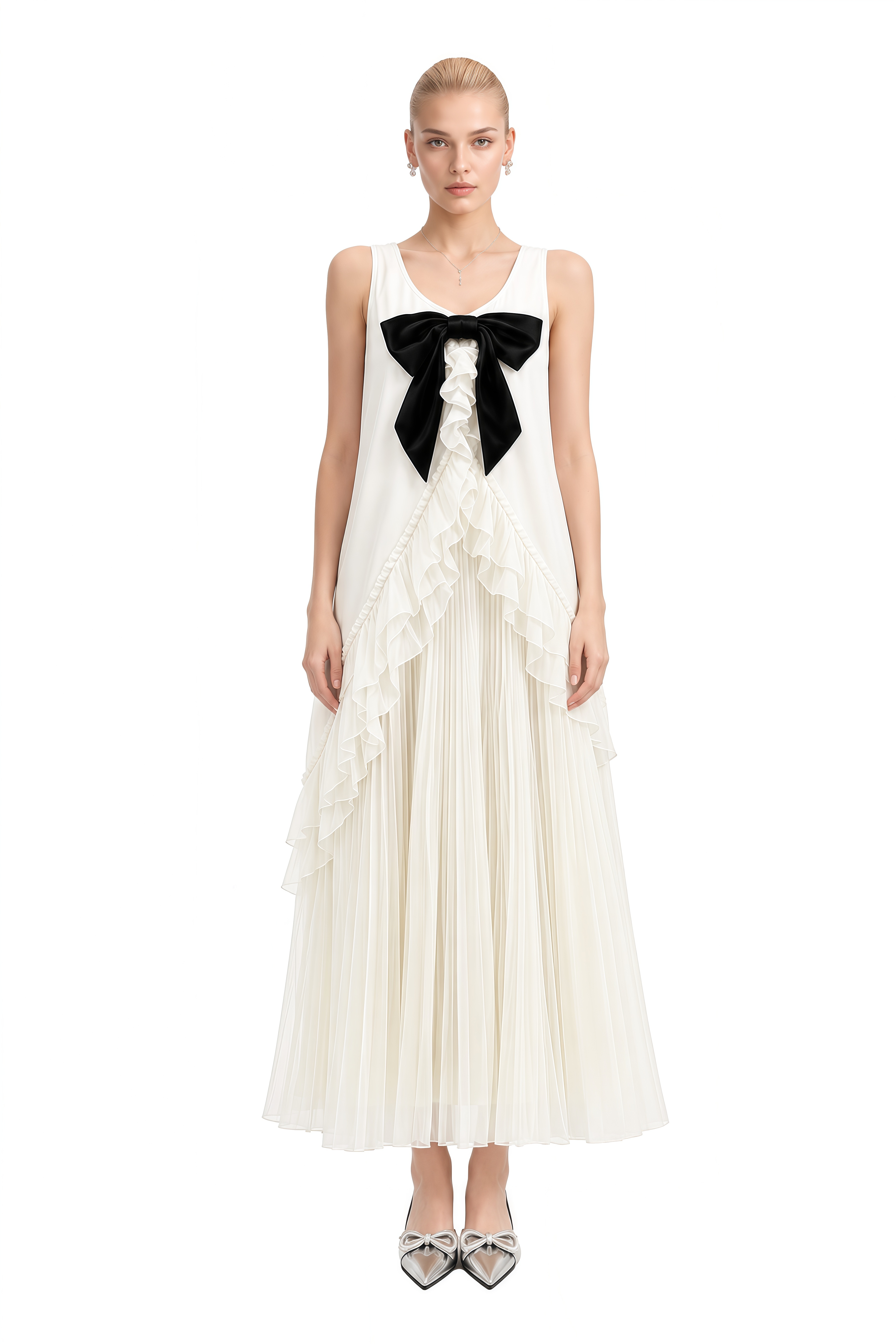 Margaret Ivory Sleeveless Bow Maxi Dress