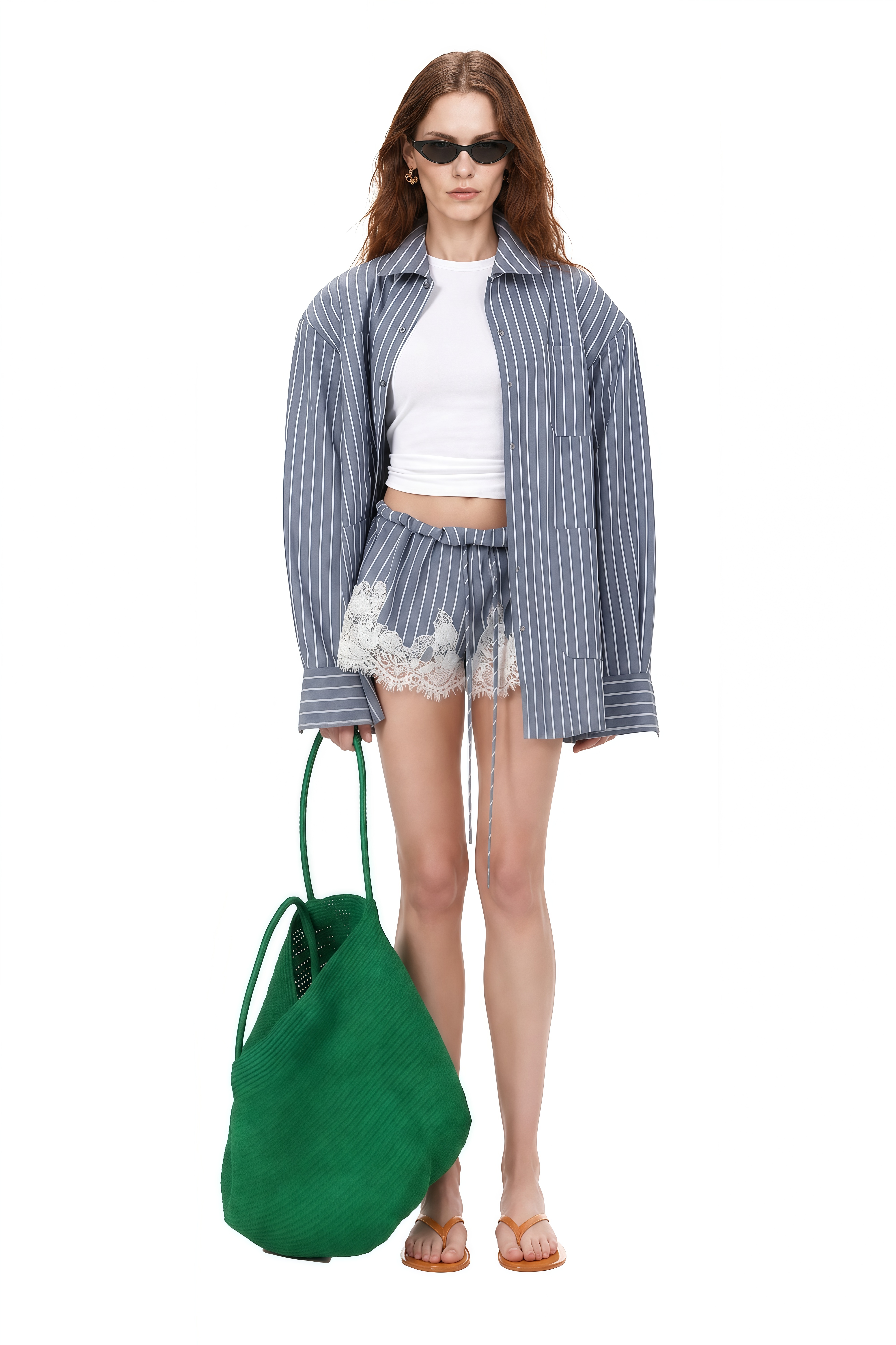 Clarisse Blue Striped Lace-Trim Blouse & Shorts Set