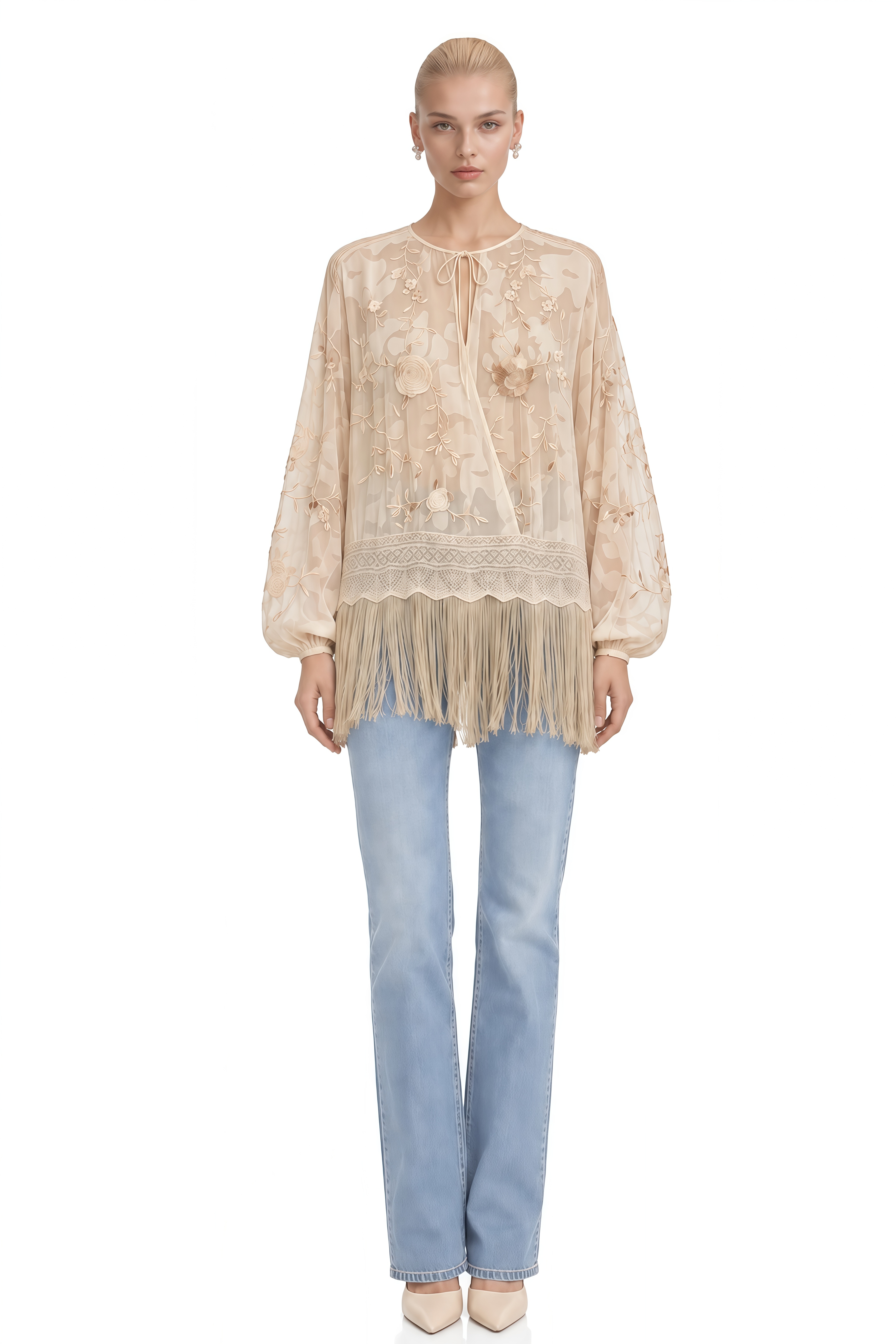 Amelie Beige Floral Fringe-Trim Blouse