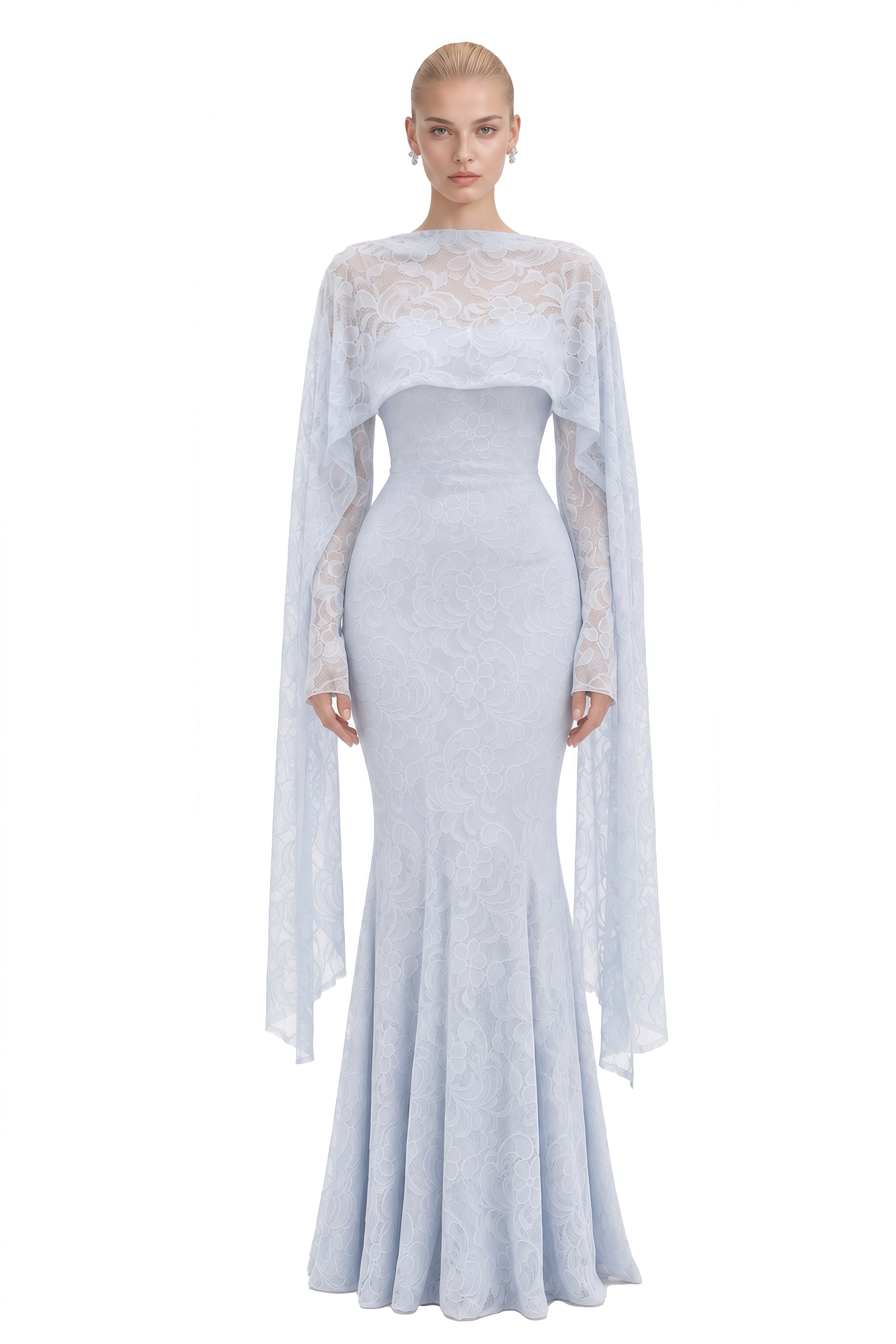 Charlotte Light Blue Cape Design Floral Maxi Dress