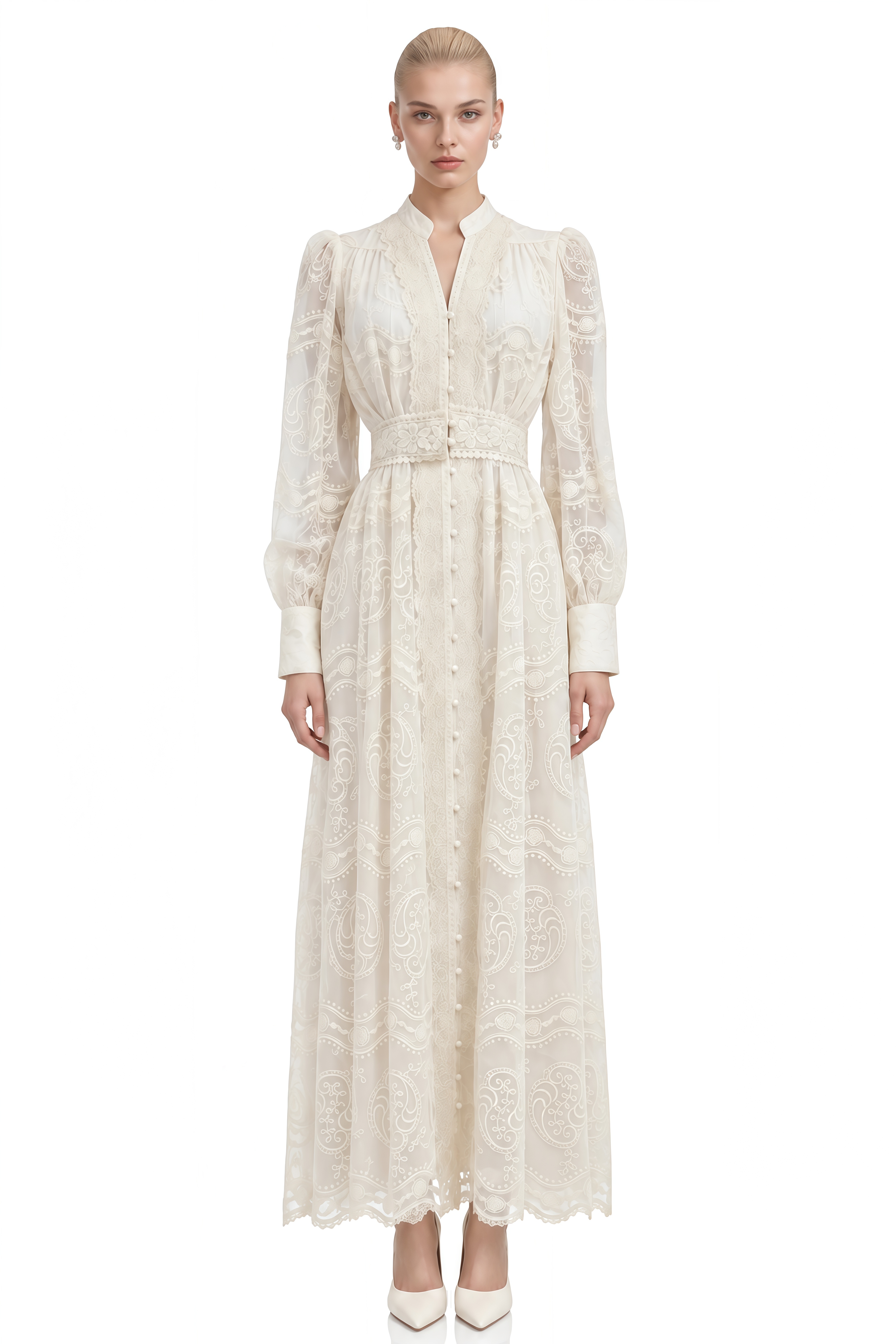 Linnea Ivory V-Neck Floral Lace Maxi Dress