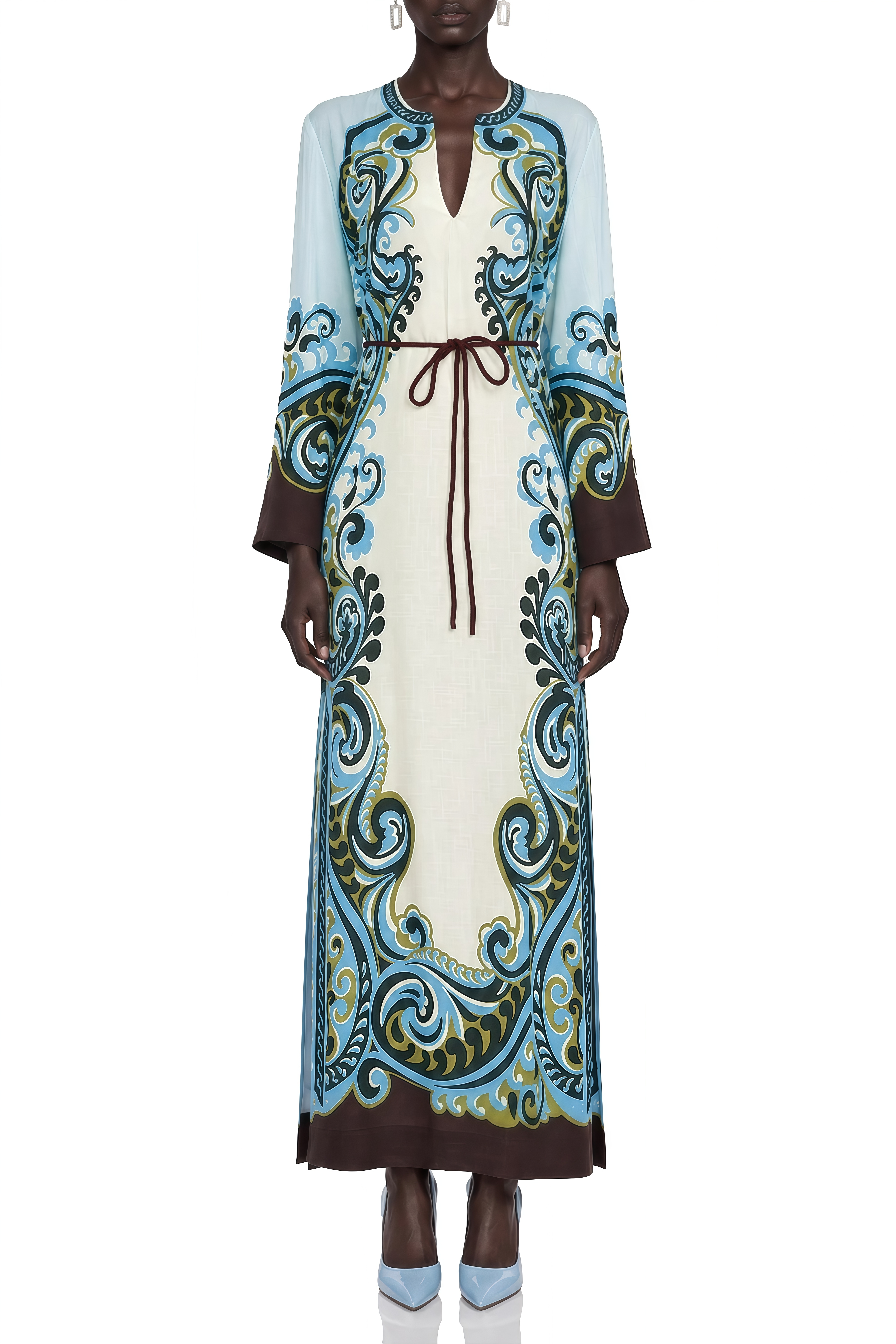Serenity Blue Long Sleeves Printed Maxi Dress