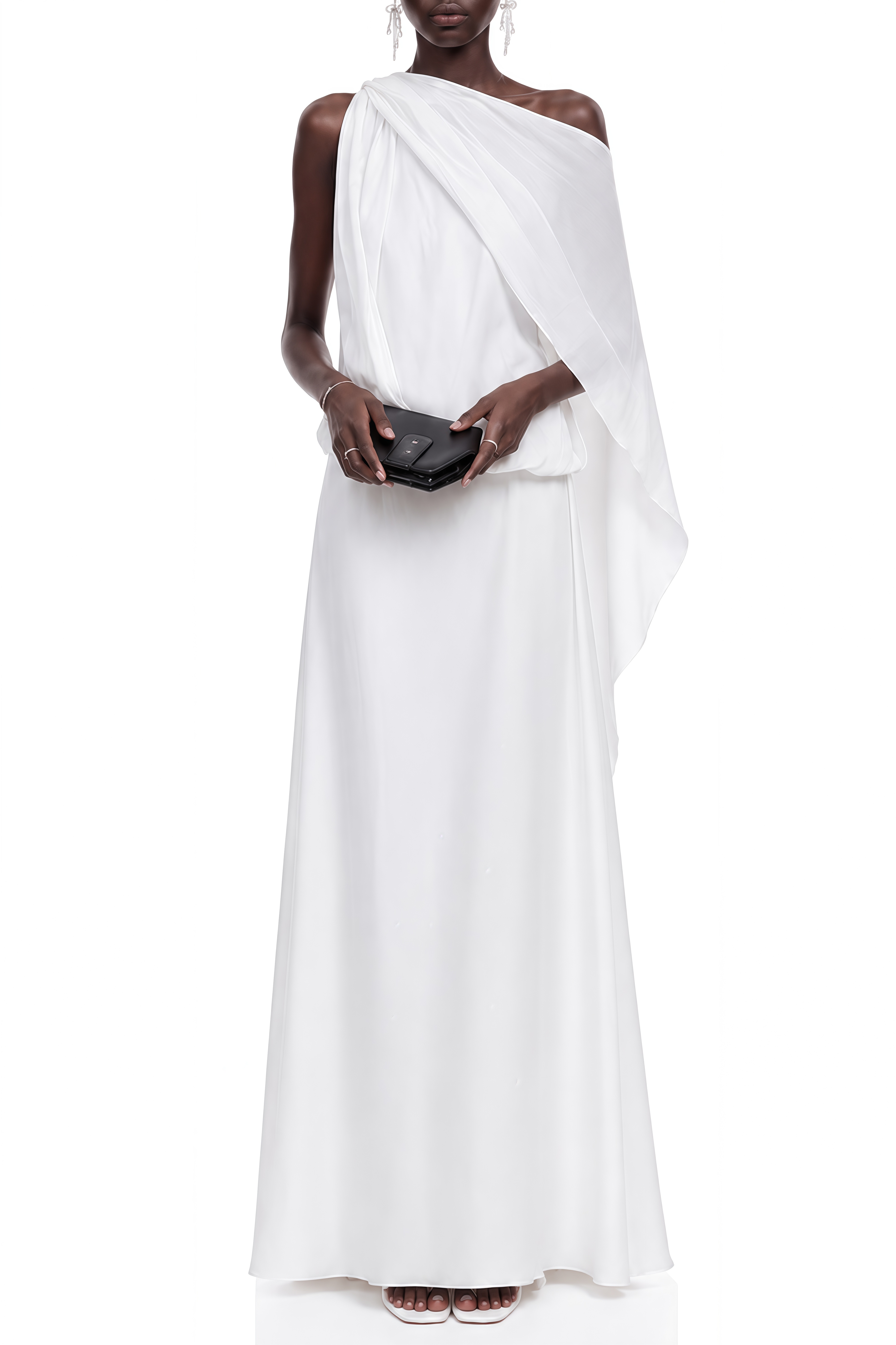 Lydia White Cape Design Draped Maxi Dress