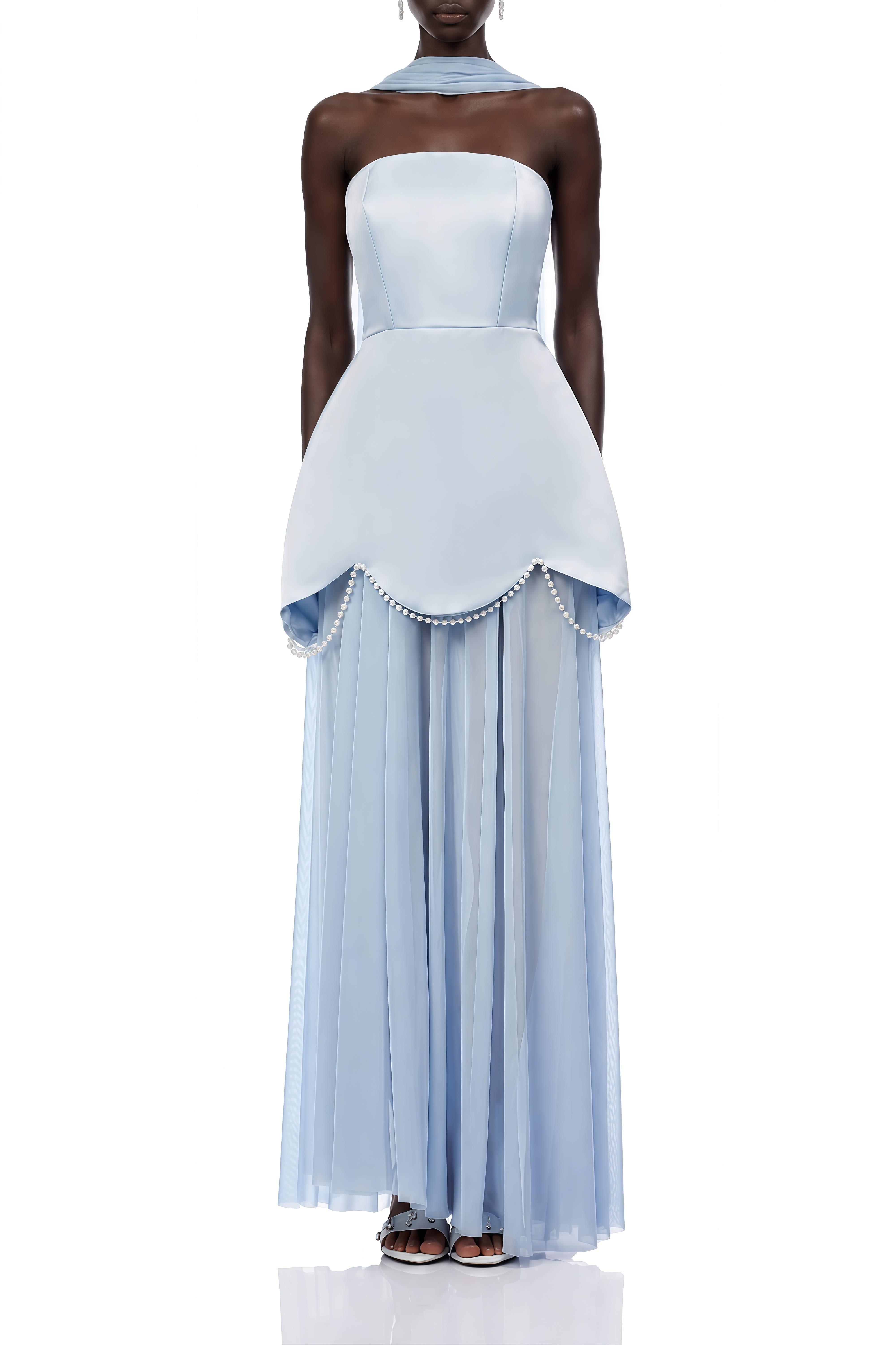 Adeline Light Blue Strapless Pleated Maxi Dress