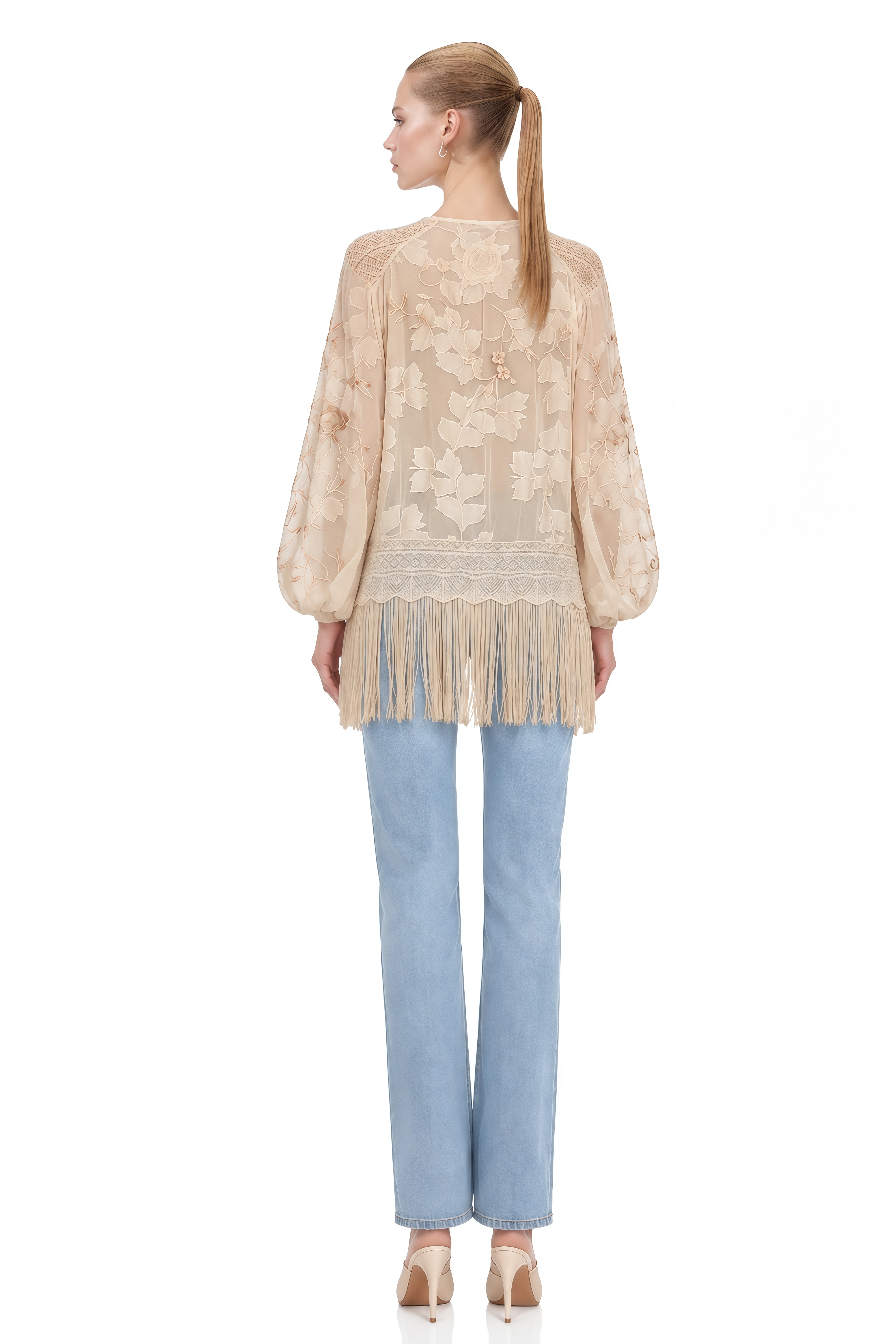 Amelie Beige Floral Fringe-Trim Blouse
