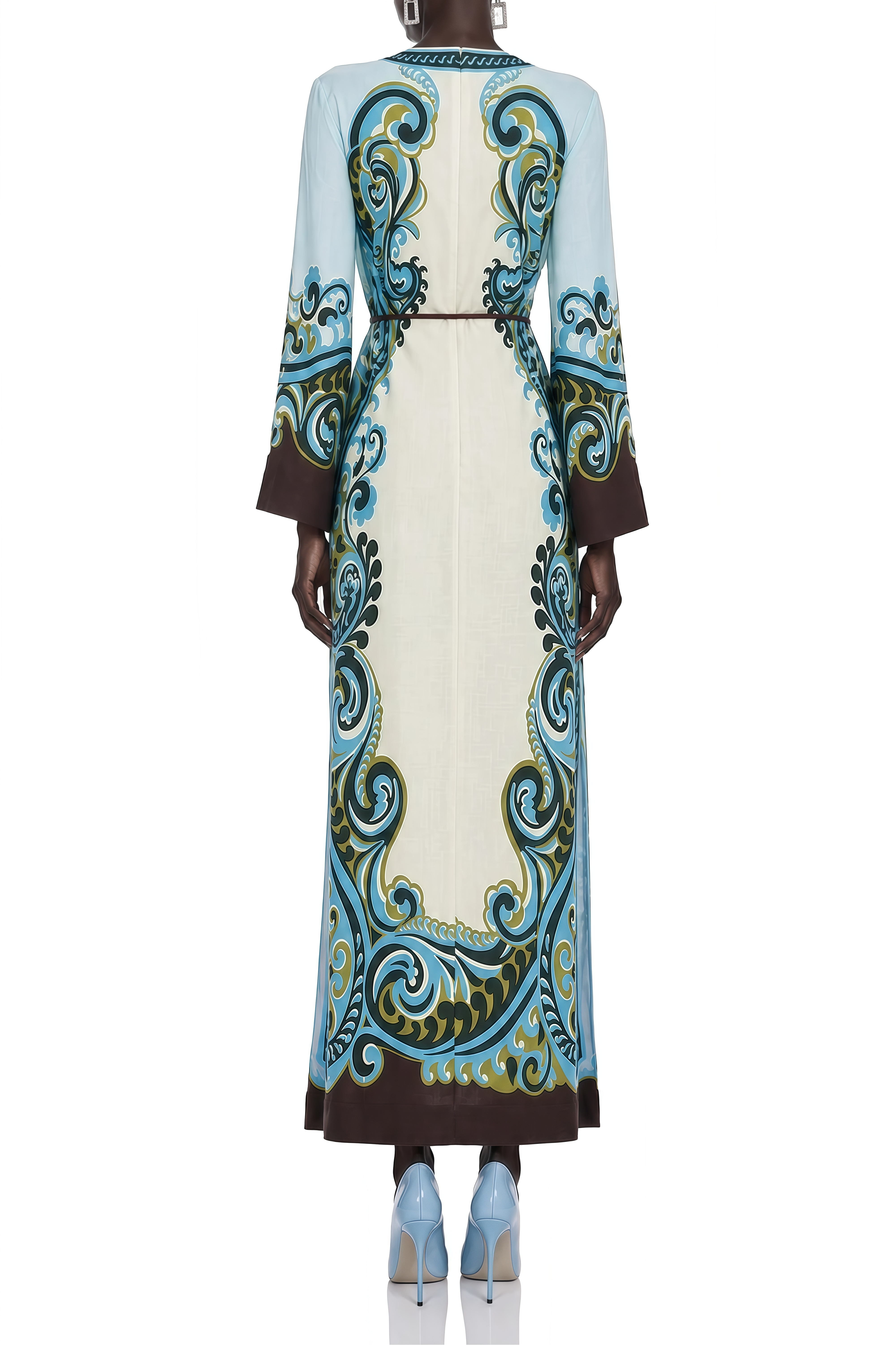 Serenity Blue Long Sleeves Printed Maxi Dress