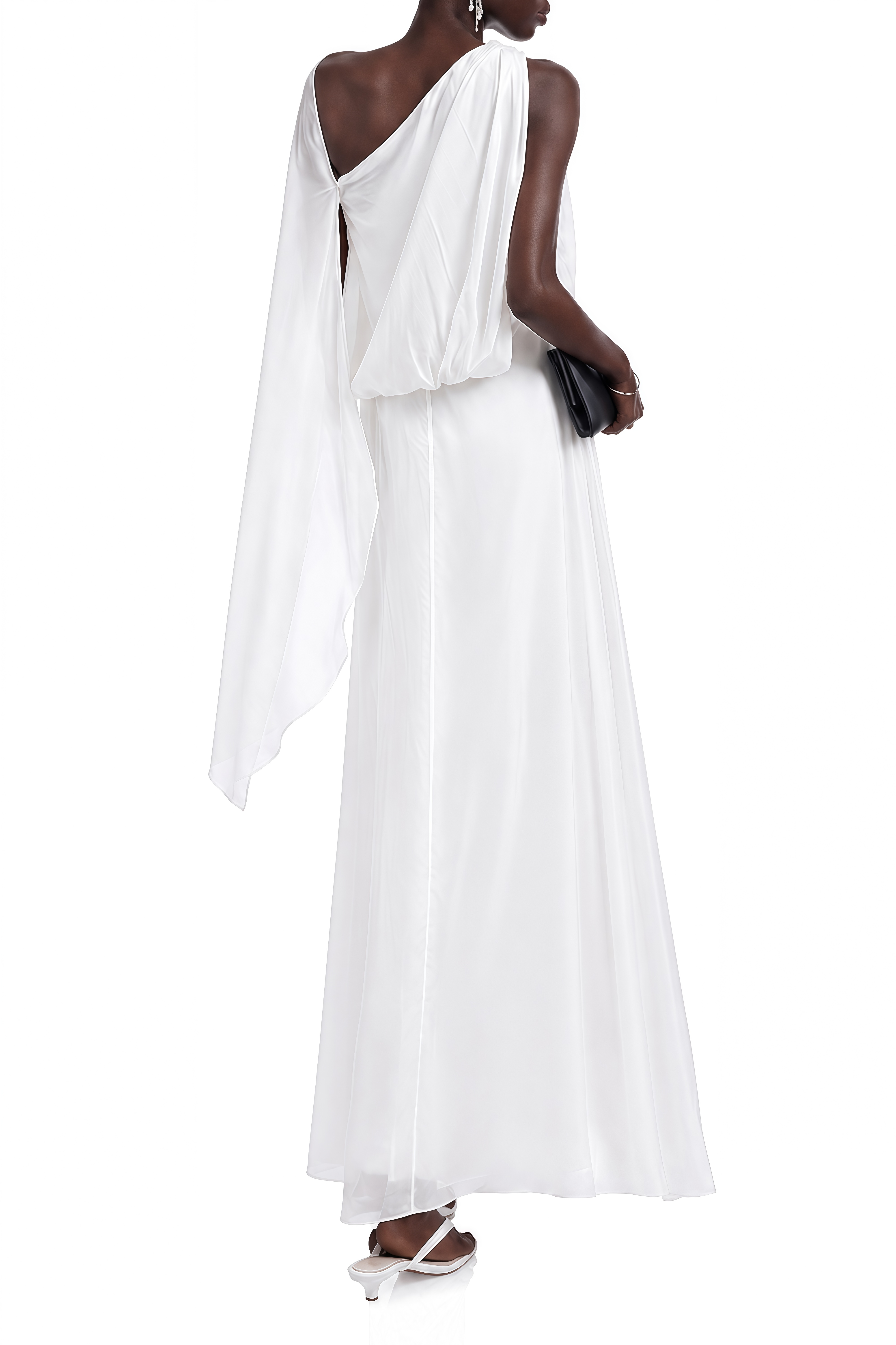 Lydia White Cape Design Draped Maxi Dress