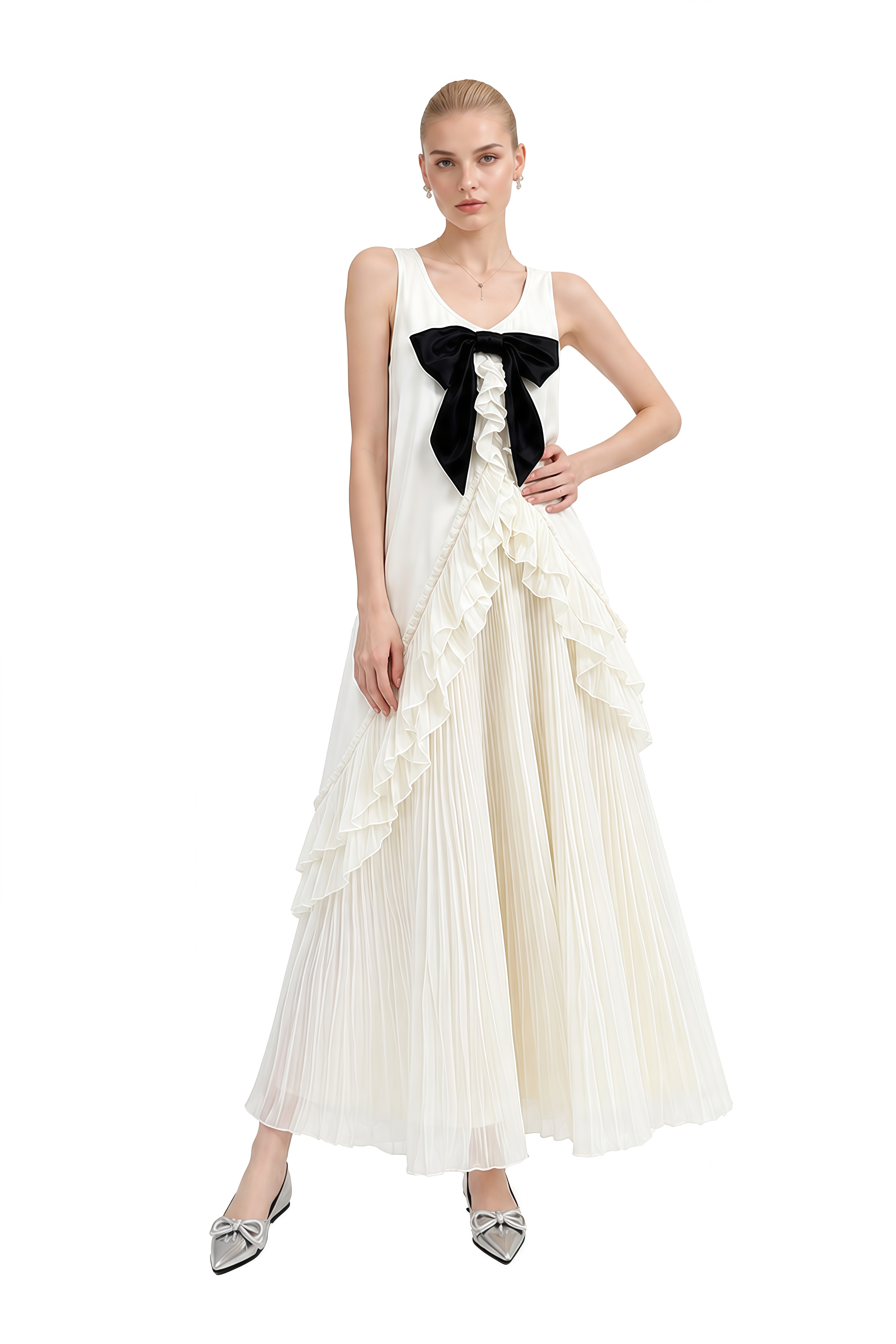 Margaret Ivory Sleeveless Bow Maxi Dress
