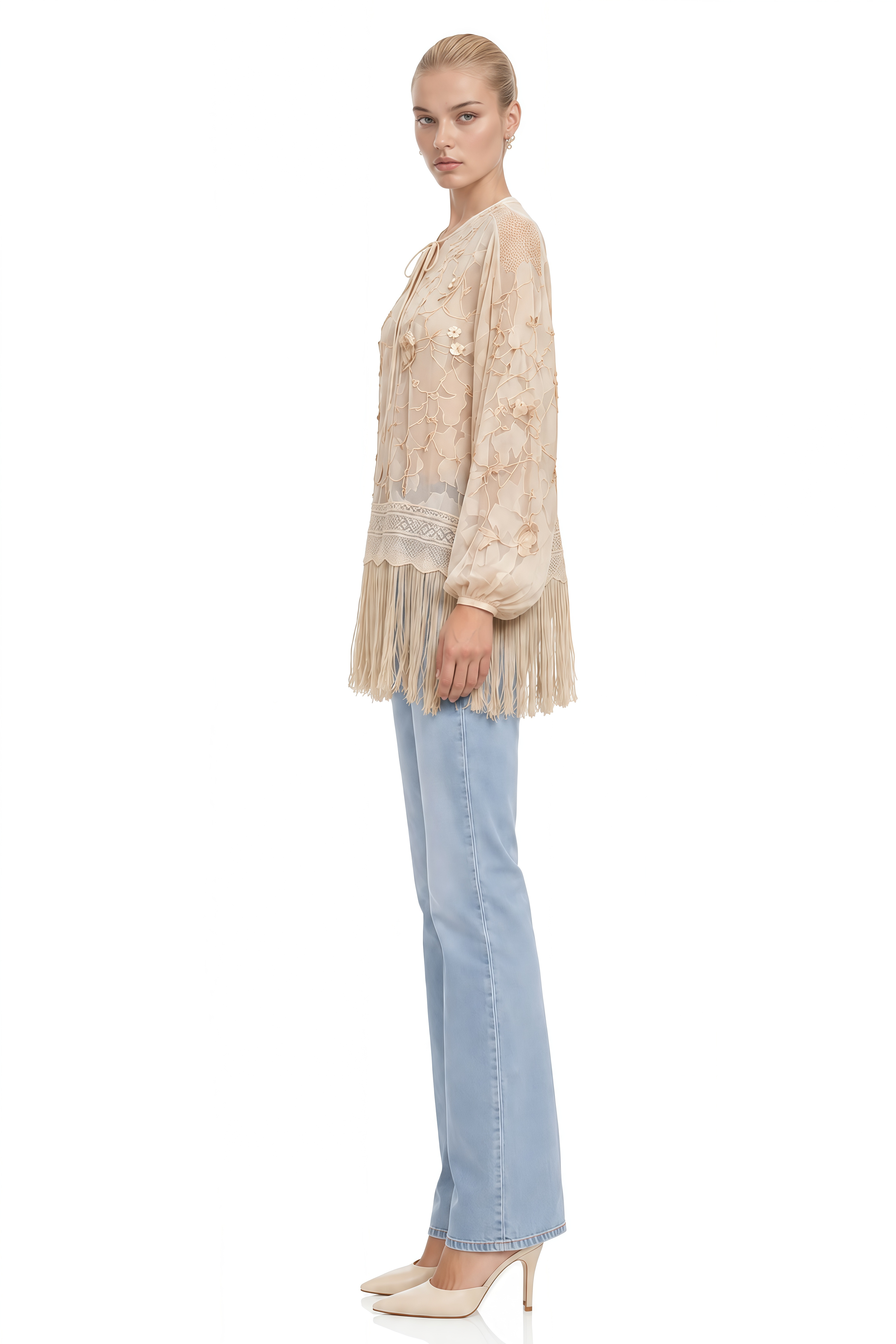 Amelie Beige Floral Fringe-Trim Blouse