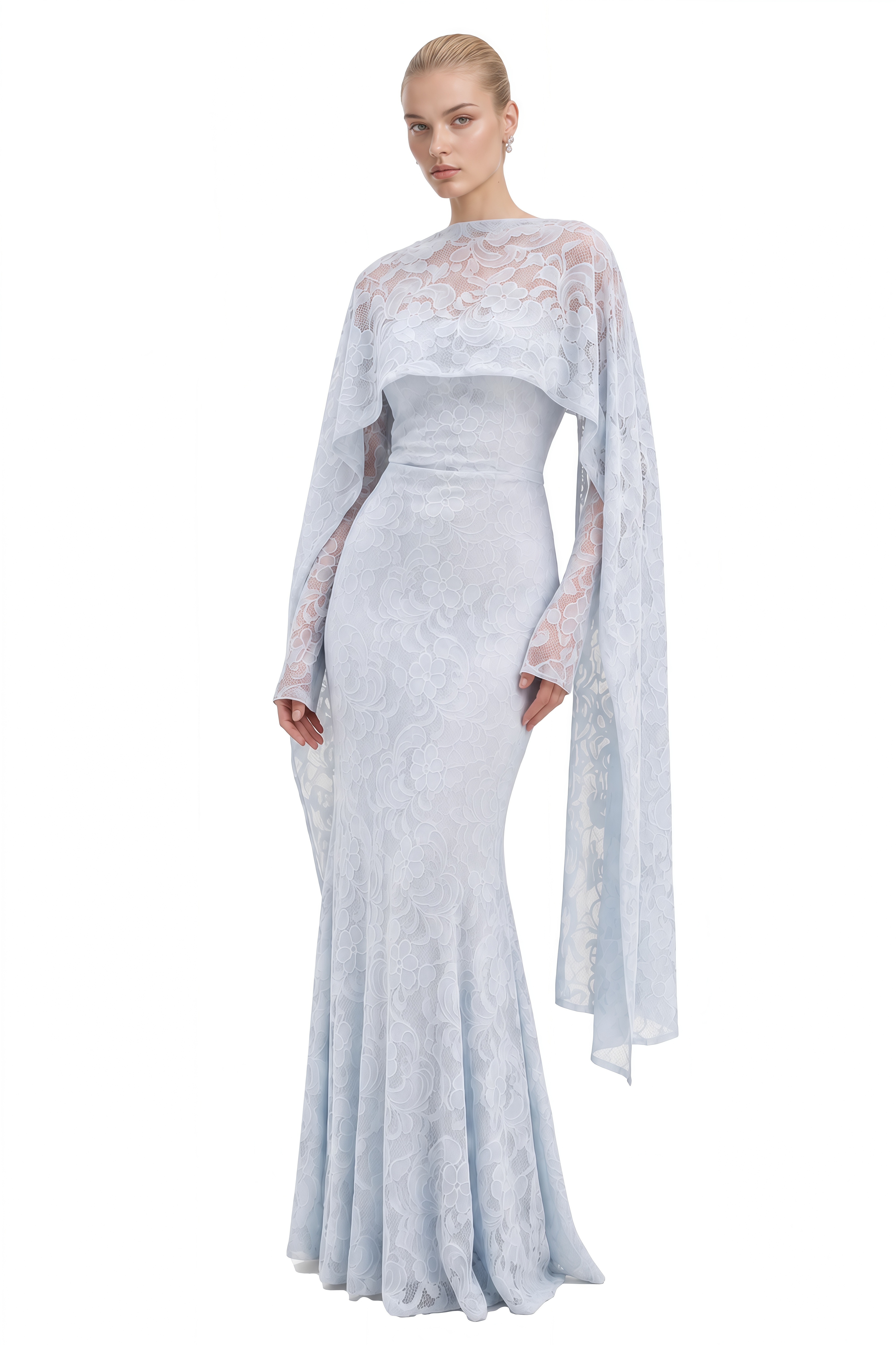 Charlotte Light Blue Cape Design Floral Maxi Dress