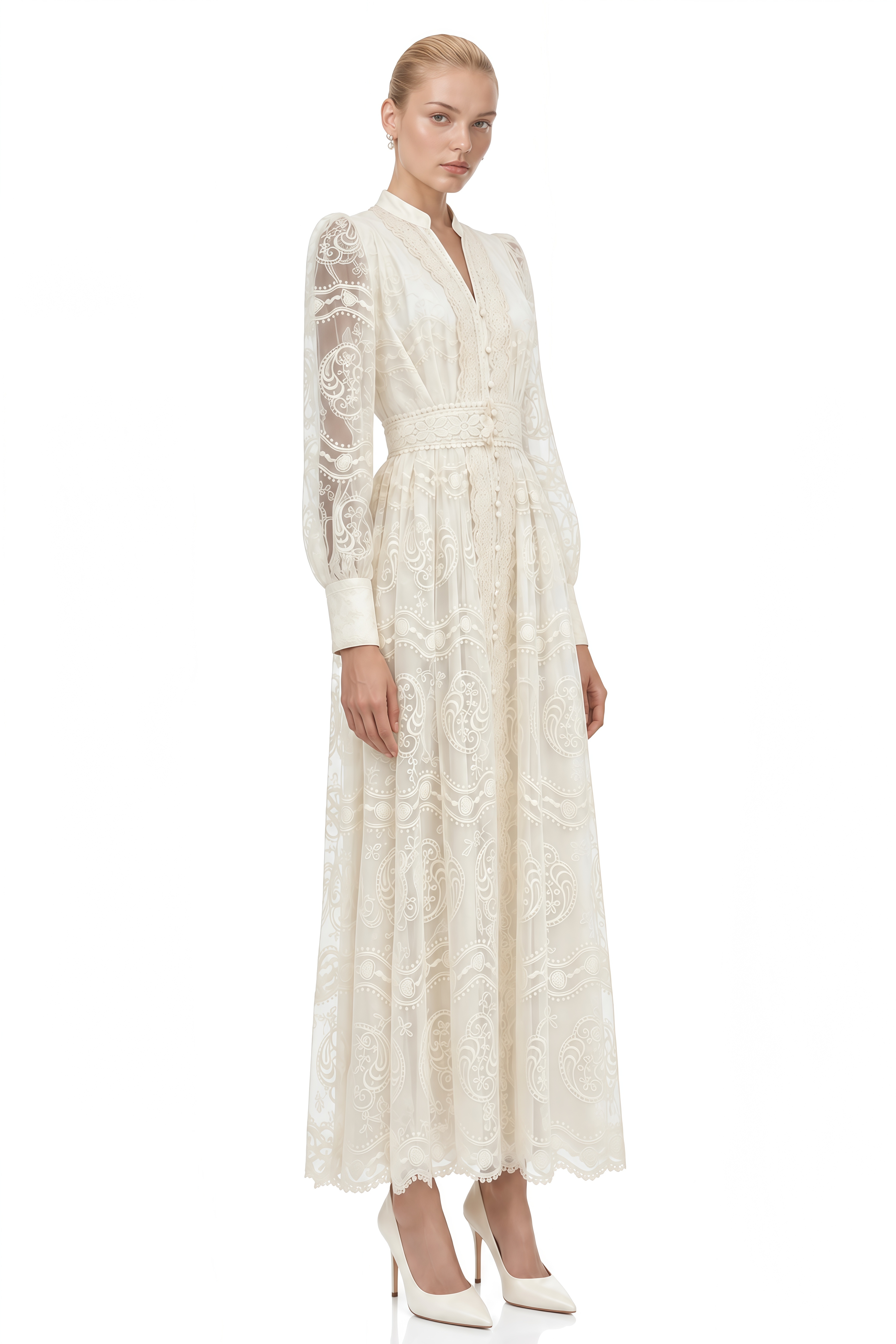Linnea Ivory V-Neck Floral Lace Maxi Dress