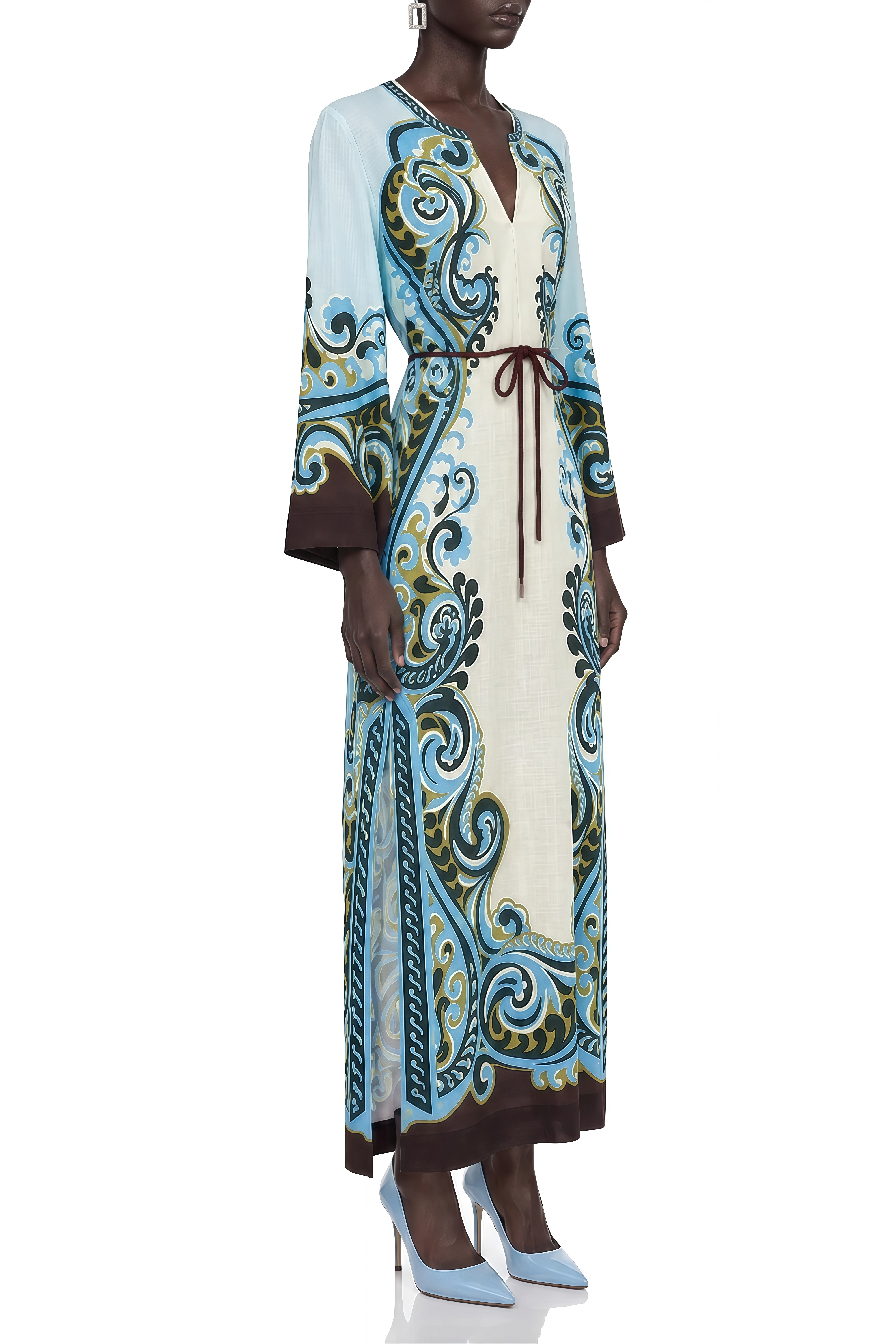 Serenity Blue Long Sleeves Printed Maxi Dress