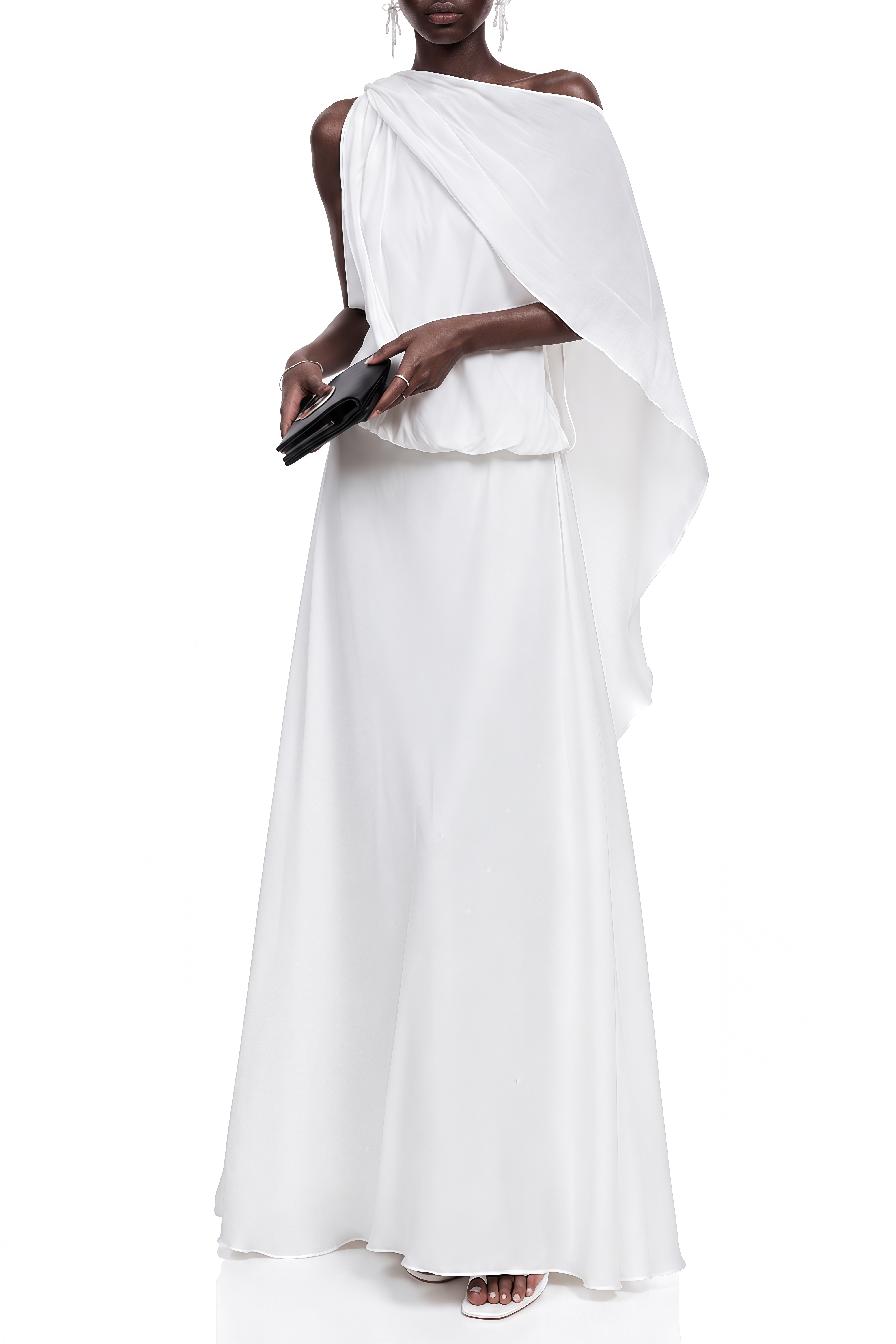 Lydia White Cape Design Draped Maxi Dress