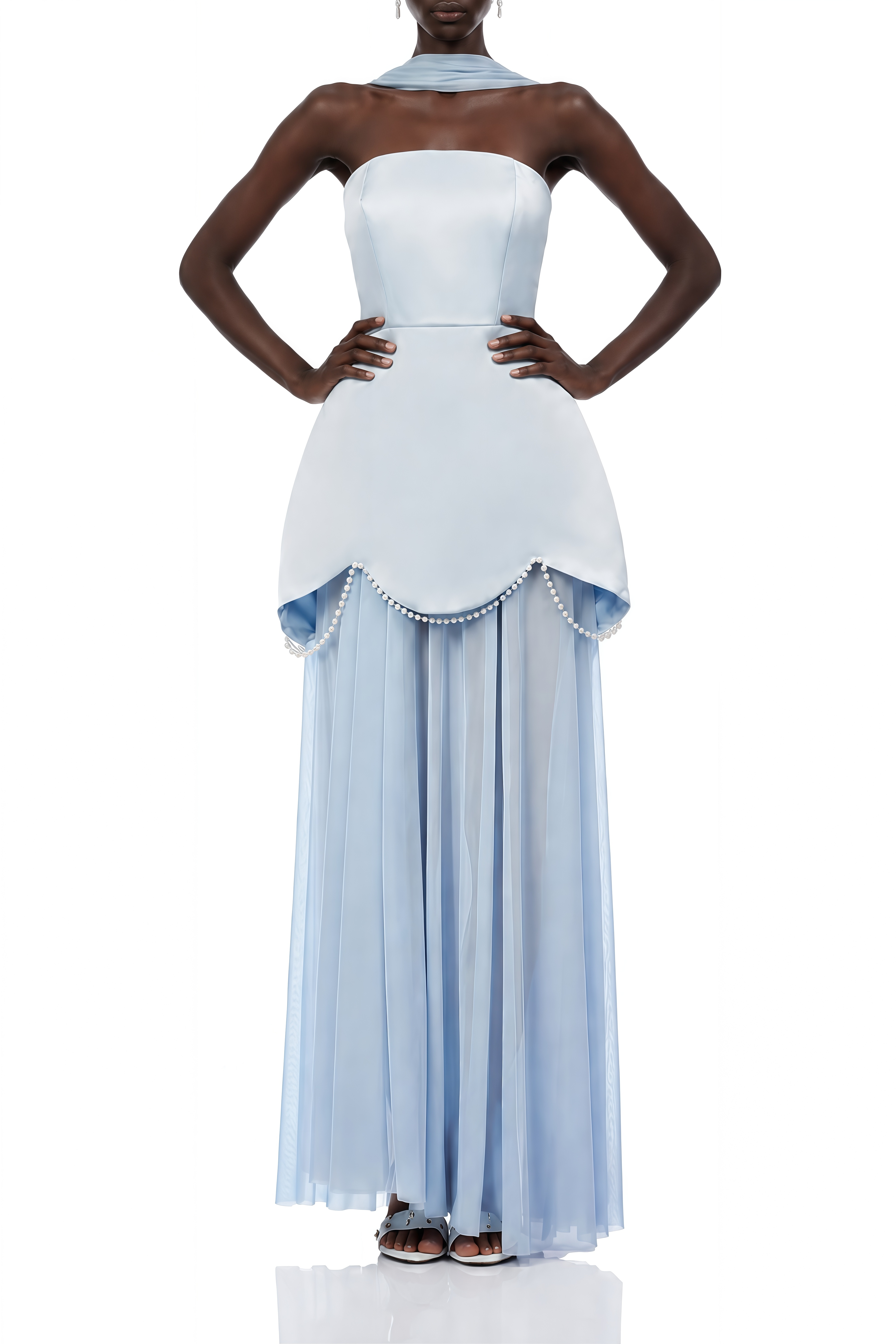 Adeline Light Blue Strapless Pleated Maxi Dress