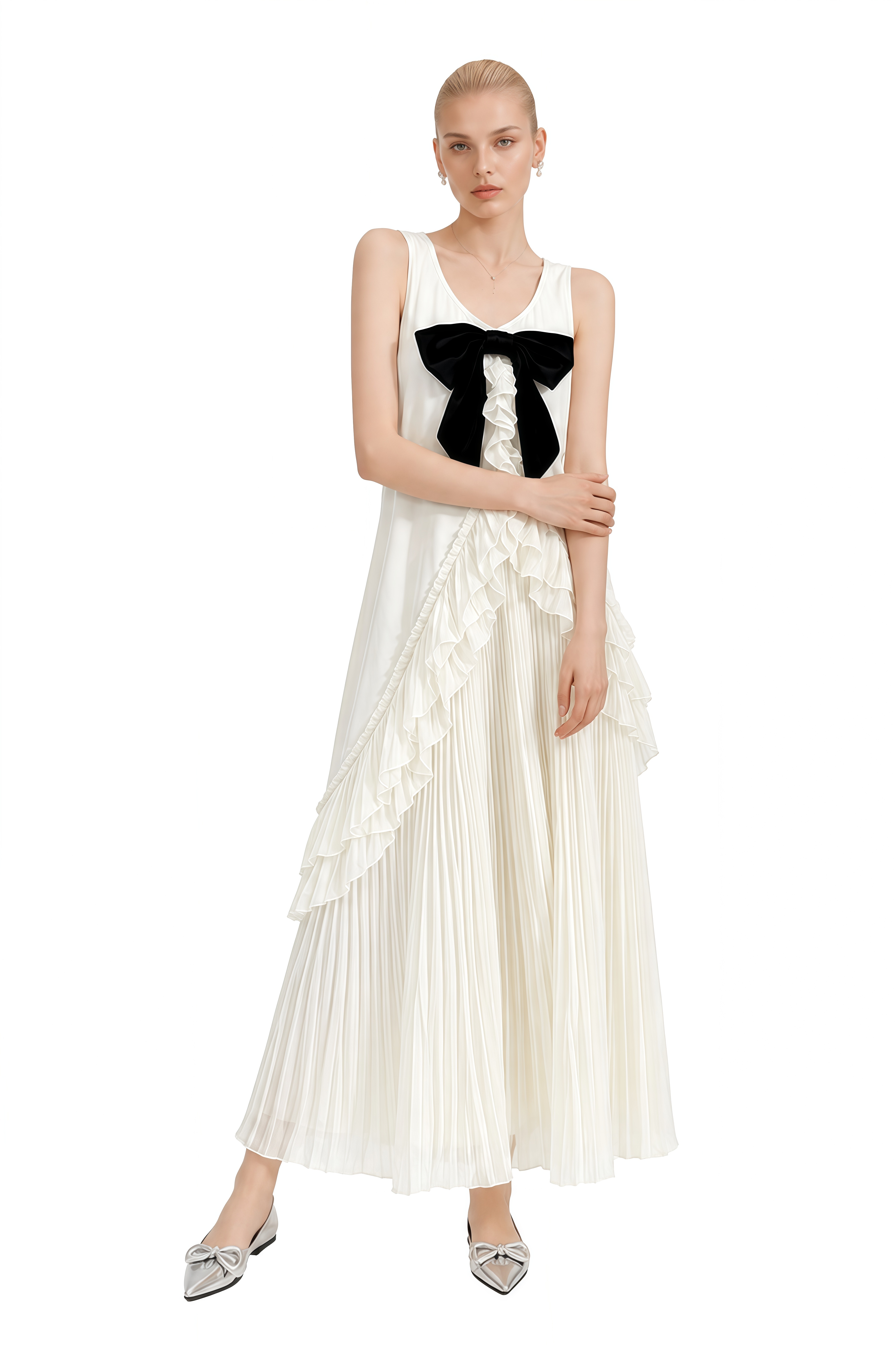 Margaret Ivory Sleeveless Bow Maxi Dress