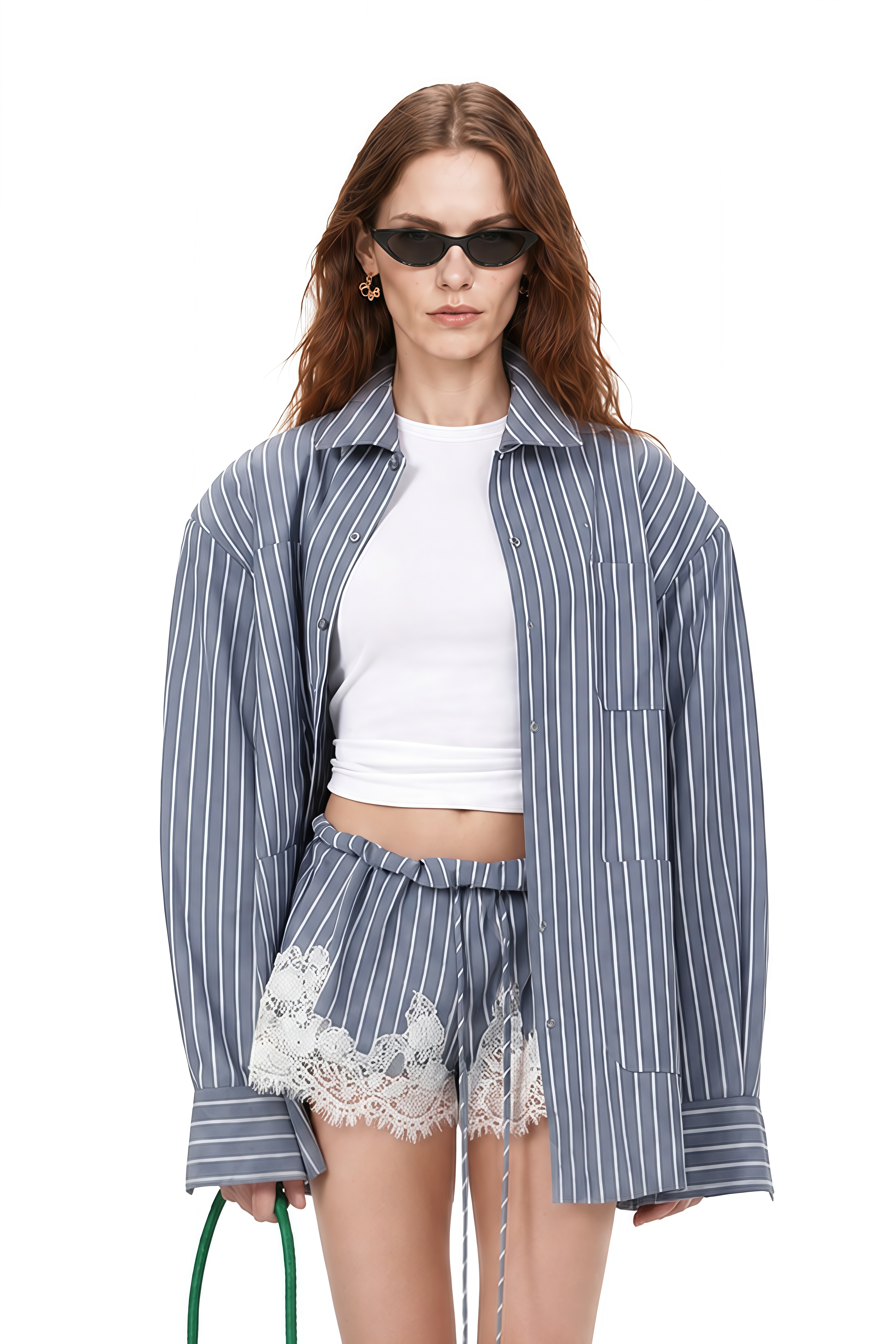 Clarisse Blue Striped Lace-Trim Blouse & Shorts Set